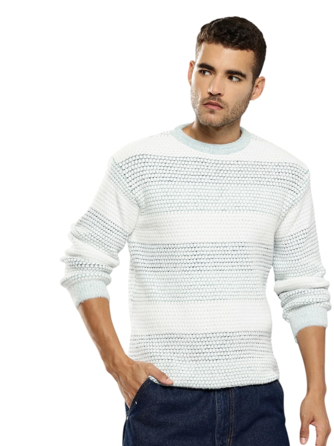 Mens Winter Wear White-Blue Colour Solid Woolen Sweater
