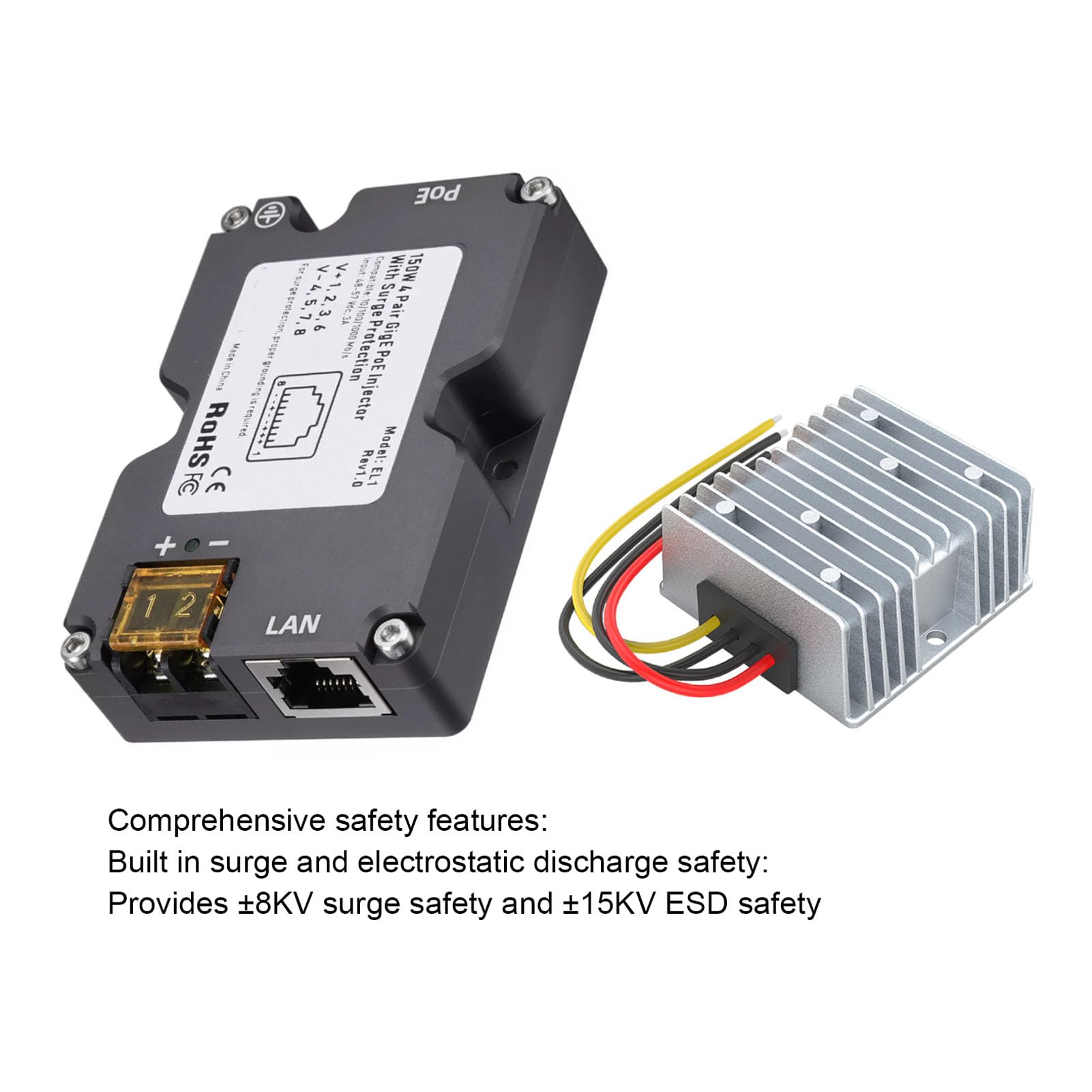 Cryfokt Inyector PoE, 3A 150W GigE Pasivo ABS con Protección contra Sobretensiones ESD y Convertidor Elevador de CC de 12V a 48V, para el Kit de INT