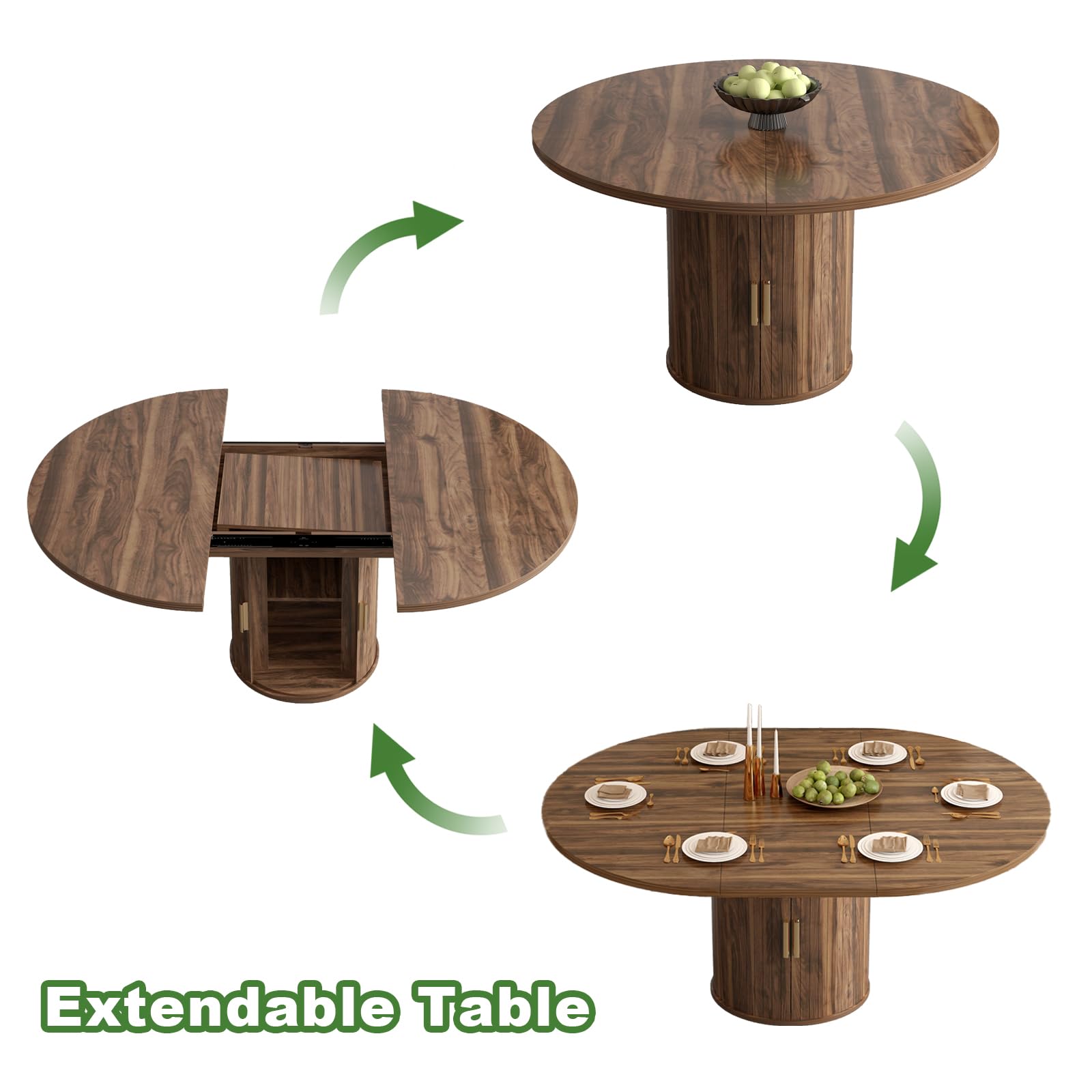 Esstisch Ausziehbar, Runder Esszimmertisch mit Holzsockel, Ausziehbar zu Oval, Moderner Küchentisch für 4-6 Personen, Rustikal Braun,Pedestal Base