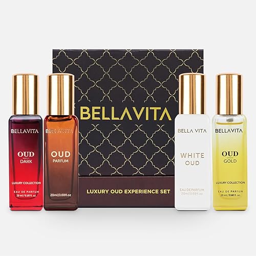 BellaVita Luxury OUD Experience - Set de regalo (4 x 0.7 fl oz) – Perfumes unisex árabes de primera calidad | Incluye OUD dorado, oscuro y blanco |