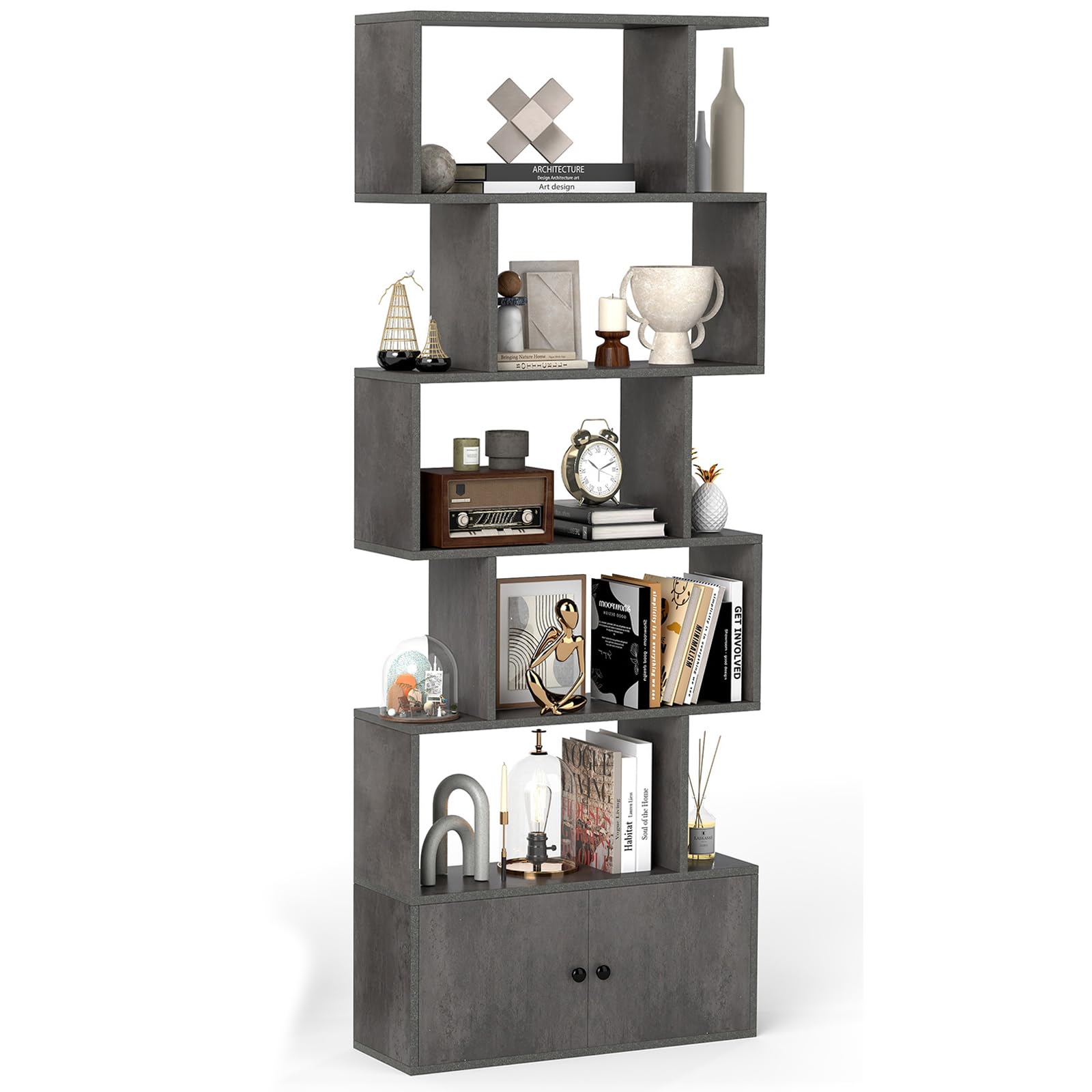 SFAREST 5/6-Tier Bookcase, Wooden S-Shaped Storage Bookshelf, Freestanding Shelving Display Organizer Unit for Living Room, Study and Office (With Cabinet, Grey)
