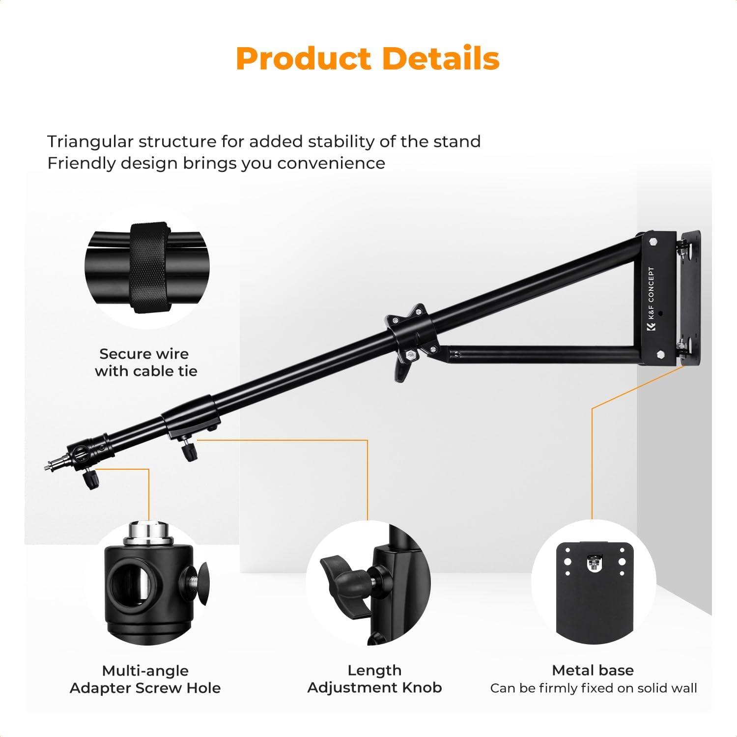 K&F CONCEPT Wall Mount Boom Arm 51"- Rotating Triangle Stand for Ring Light, Softbox, Reflector - Support 180°Flexible Rotation, 33-51in Adjustable Length, 20lbs Heavy Duty with 1/4''&3/8'' Mount