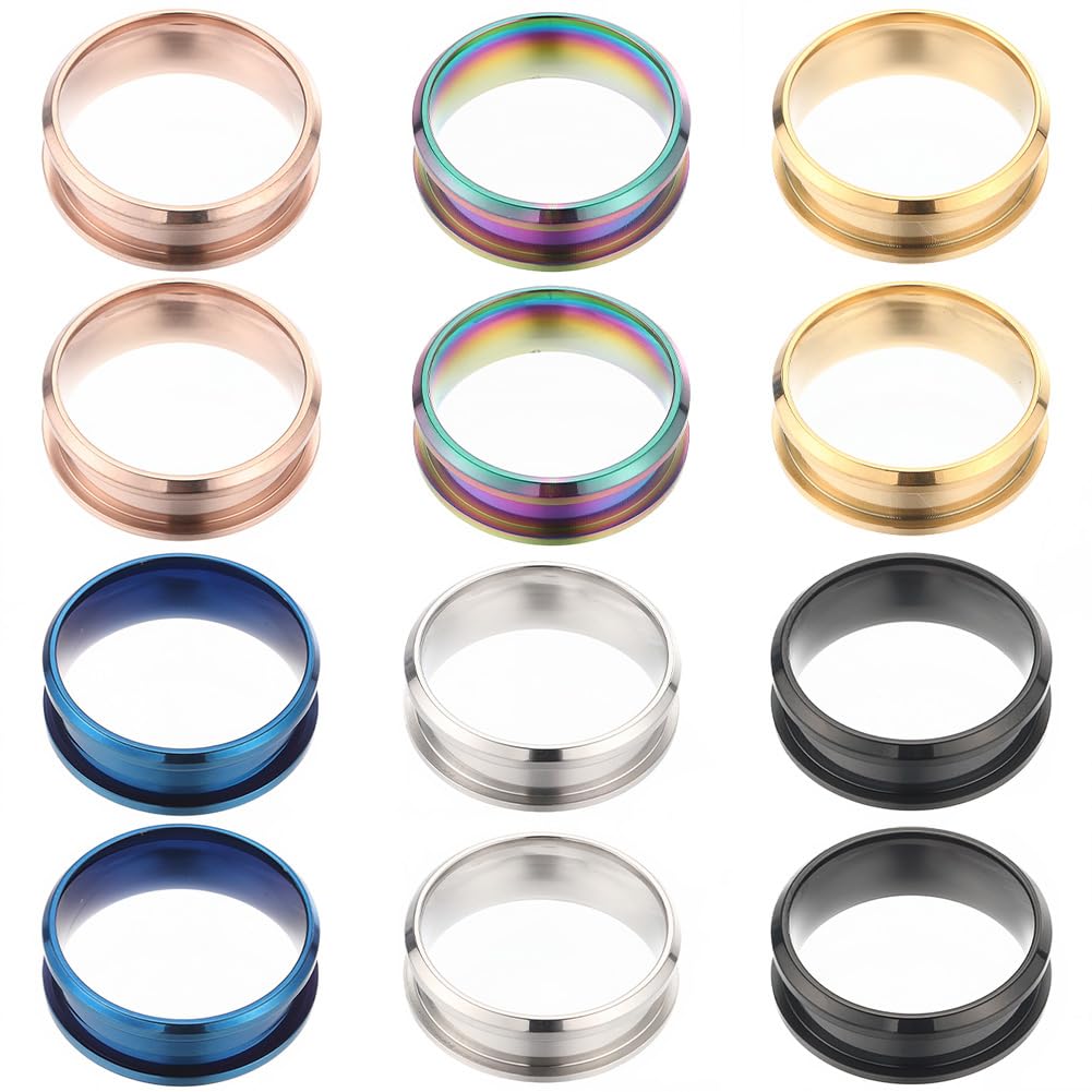 SUNNYCLUE 1 Box 12Pcs Stainless Steel Ring Blanks US Size 7 Grooved Finger Rings Blue Black Golden Core Blank Cores Round Groove Empty Inlay for Resin Craft jewellery Making Kits