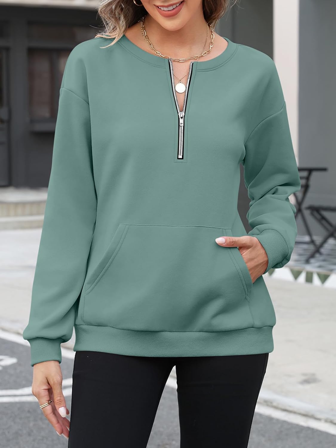 Womens Fleece Sweatshirts with Pockets Half Zip Pullover Tops Quarter Zipper Hoodies Fall Winter Clothing - Image 4