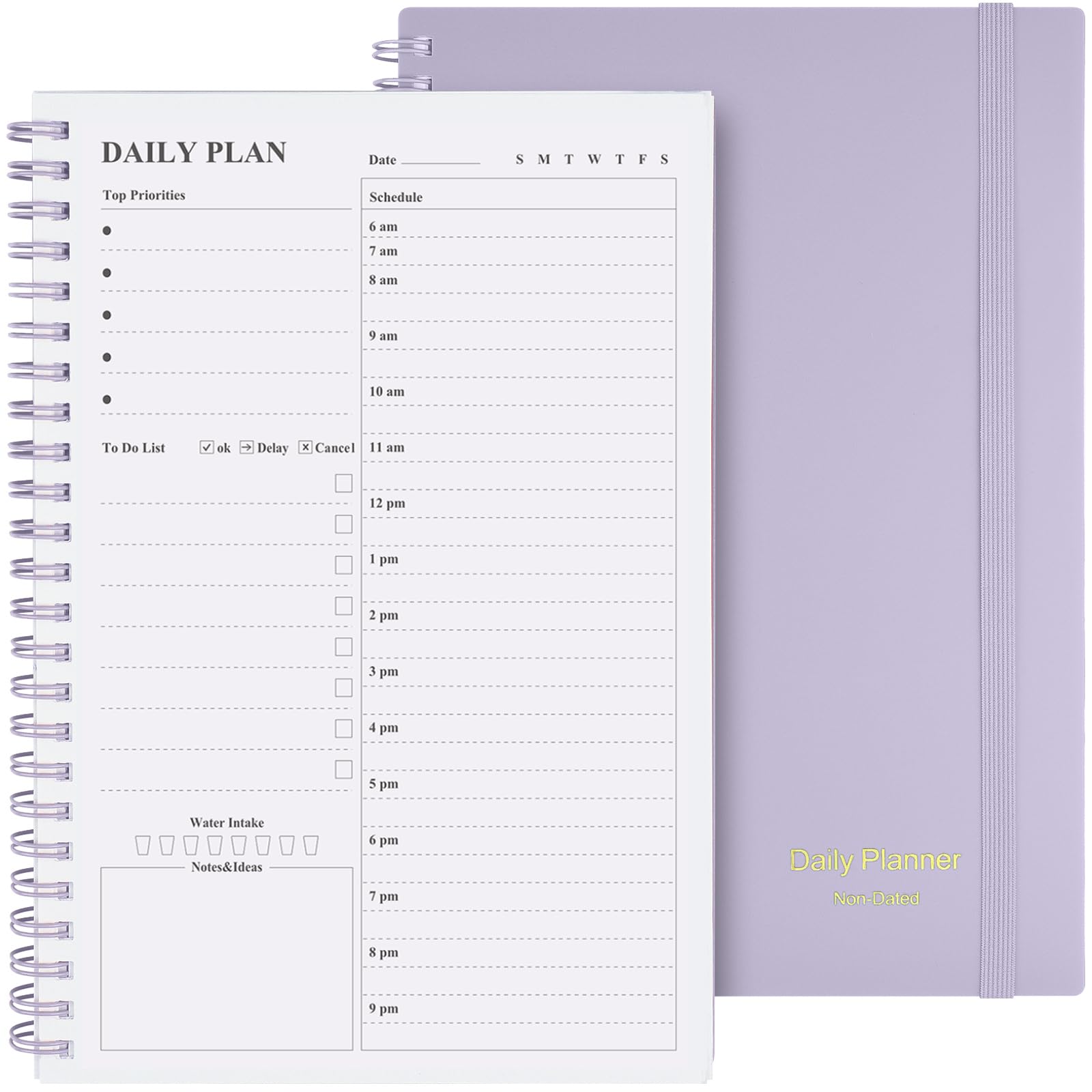 Asten Daily Planner Notebook, Undated To Do List with Hourly Schedules, Spiral Binding, Appointment Planner for Men & Women, ADHD-Friendly, Purple, 8.3" x 5.8"