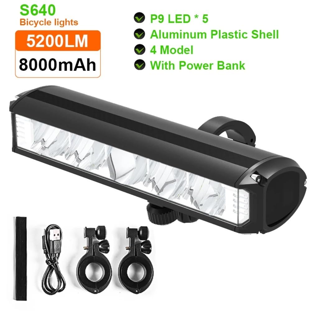 Światło rowerowe 8000mAh 5 LED Światło rowerowe przednie Akumulatorowa latarka LED 5200LM Światło czołowe z power bankiem Akcesoria rowerowe(S610)