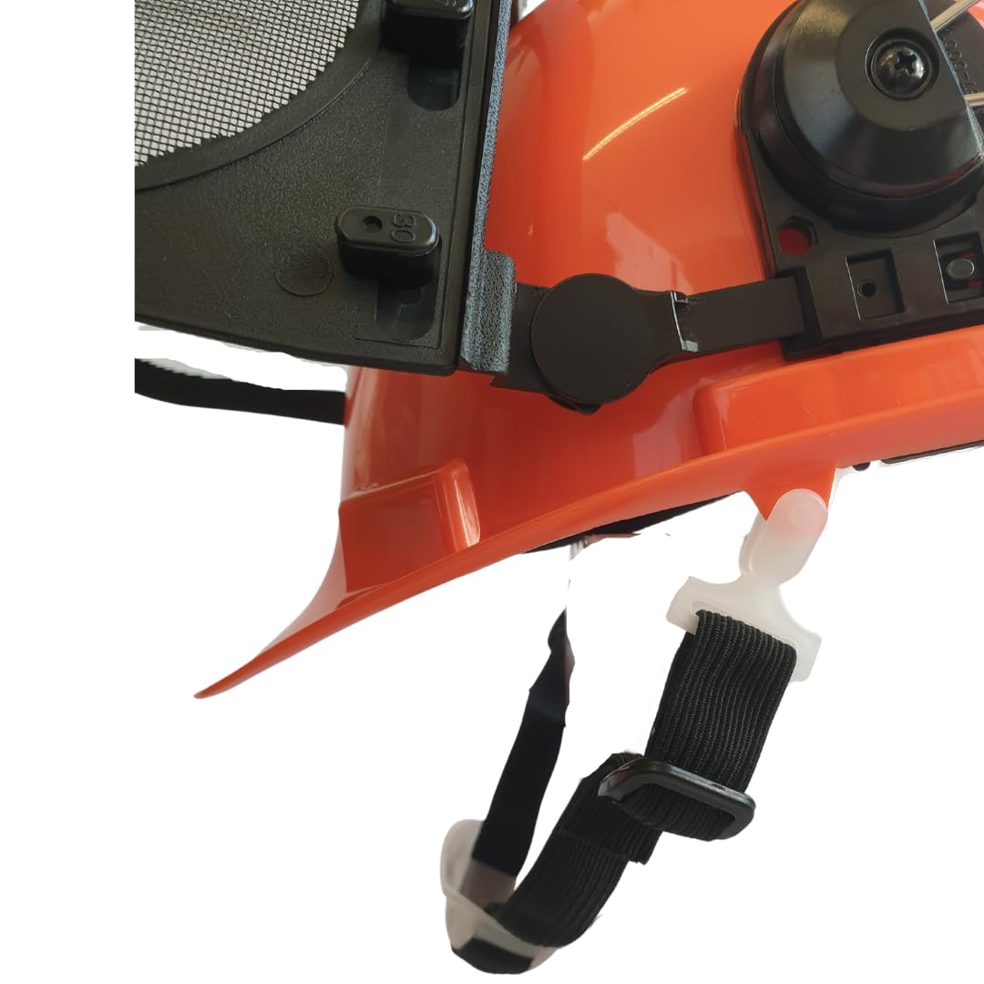 Viwanda Kettensägen-Schutzhelm Forsthelm, Forstschutzhelm mit Maschenvisier, Kapselgehörschutz und Kinnriemen - Gehörschutzmanschette und Netzvisier, orange, Einheitsgröße