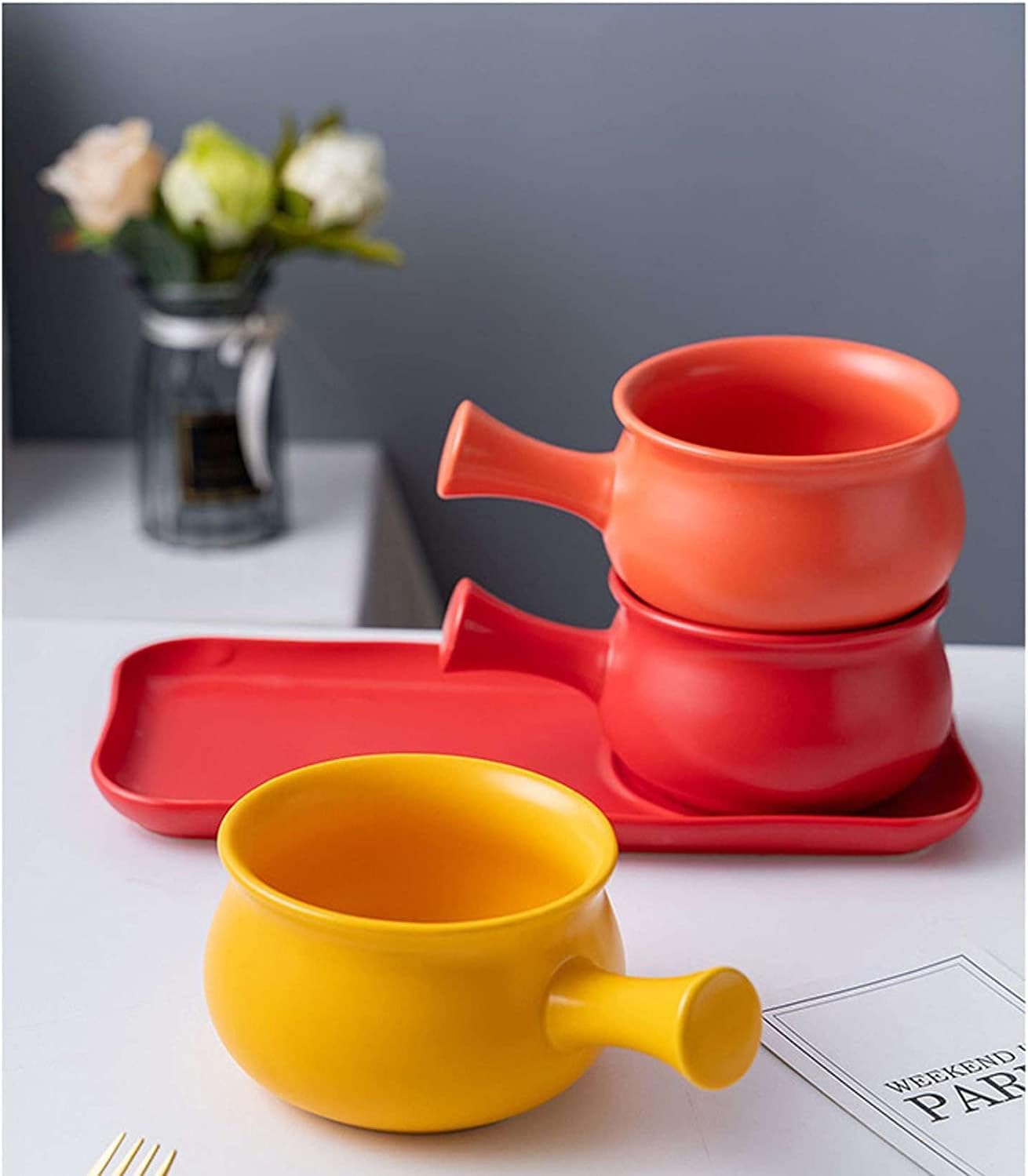 Talerz obiadowy, talerz do serwowania, miski na francuską zupę cebulową z uchwytem na śniadanie, ceramiczne miski śniadaniowe i zestaw talerzy na płatki owsiane, deser z owocami, kanapkę śniadaniową(G