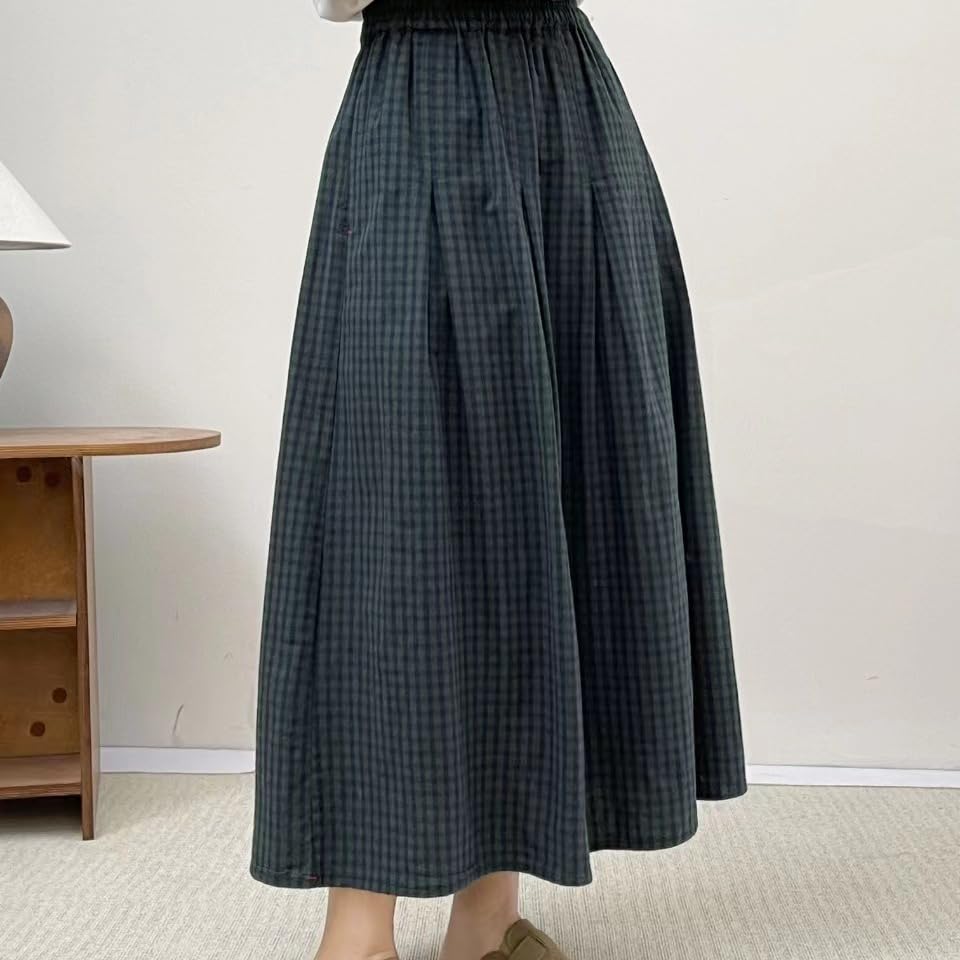 utcoco Women's Gingham Midi Skirt Elastic High Waist A-Line Flared Long Skirt for Casual Daily & Office Wear3