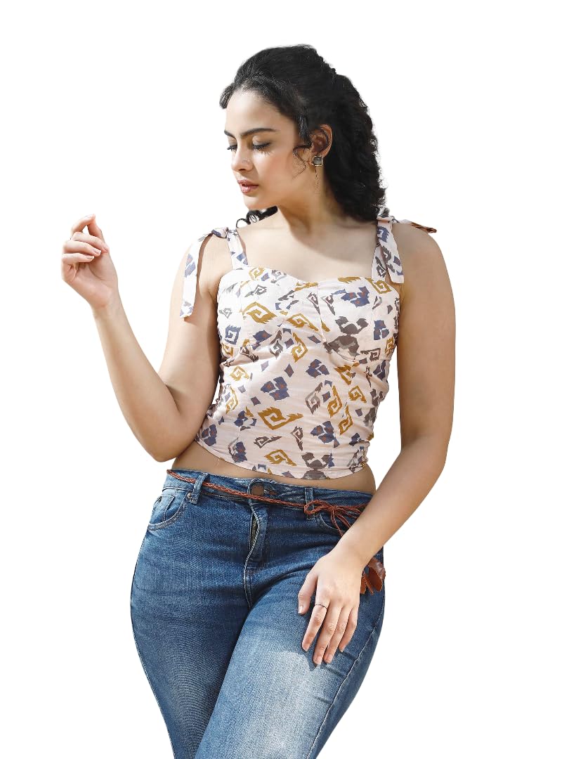 athena lifestyle Women and Girls Cotton Corset Sleeveless Sweetheart Neck Cream Printed tie-ups Closure and Flared Hem Casual Corset Top-picture-37