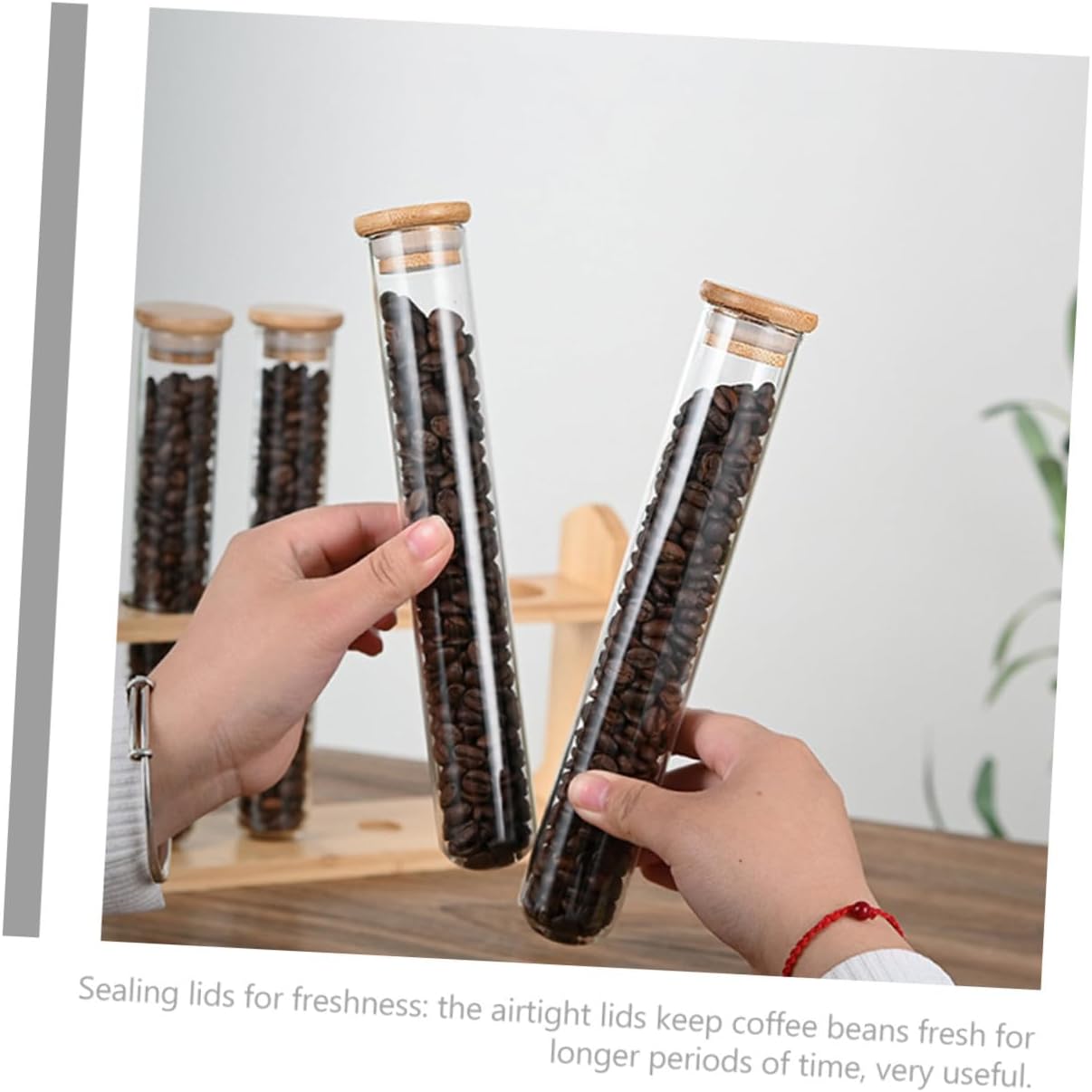 Coffee Bean Glass Storage Tubes with Airtight Lids and Wooden Display Stand Clear Glass Vials for Freshness Portable Sealed Canisters for Coffee Shops and Home Use