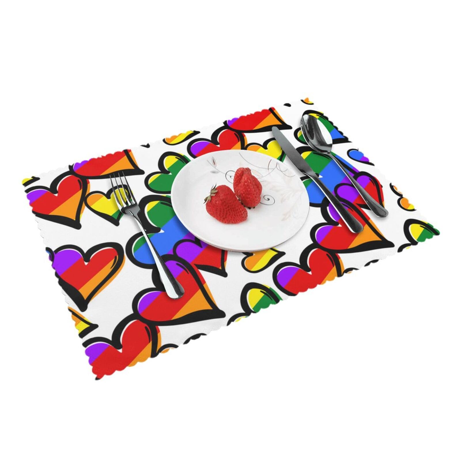 Rainbow Colored Gay Pride Hearts Printed Placemats Set of 4 PCS Washable Placemat for Kitchen Table Heat-resistant Table Mats 45x30 CM
