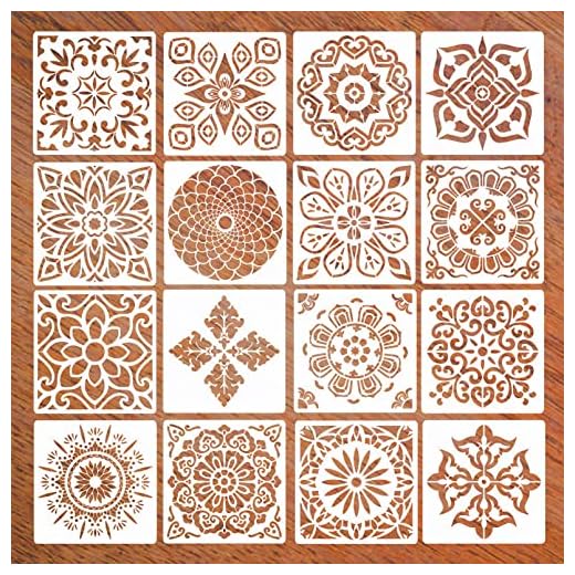 XNJIHWA 16 Piezas Plantillas de Mandala Reutilizables Plantillas de Pintura para Pintar Scrapbook Arte De Pared,15x15cm