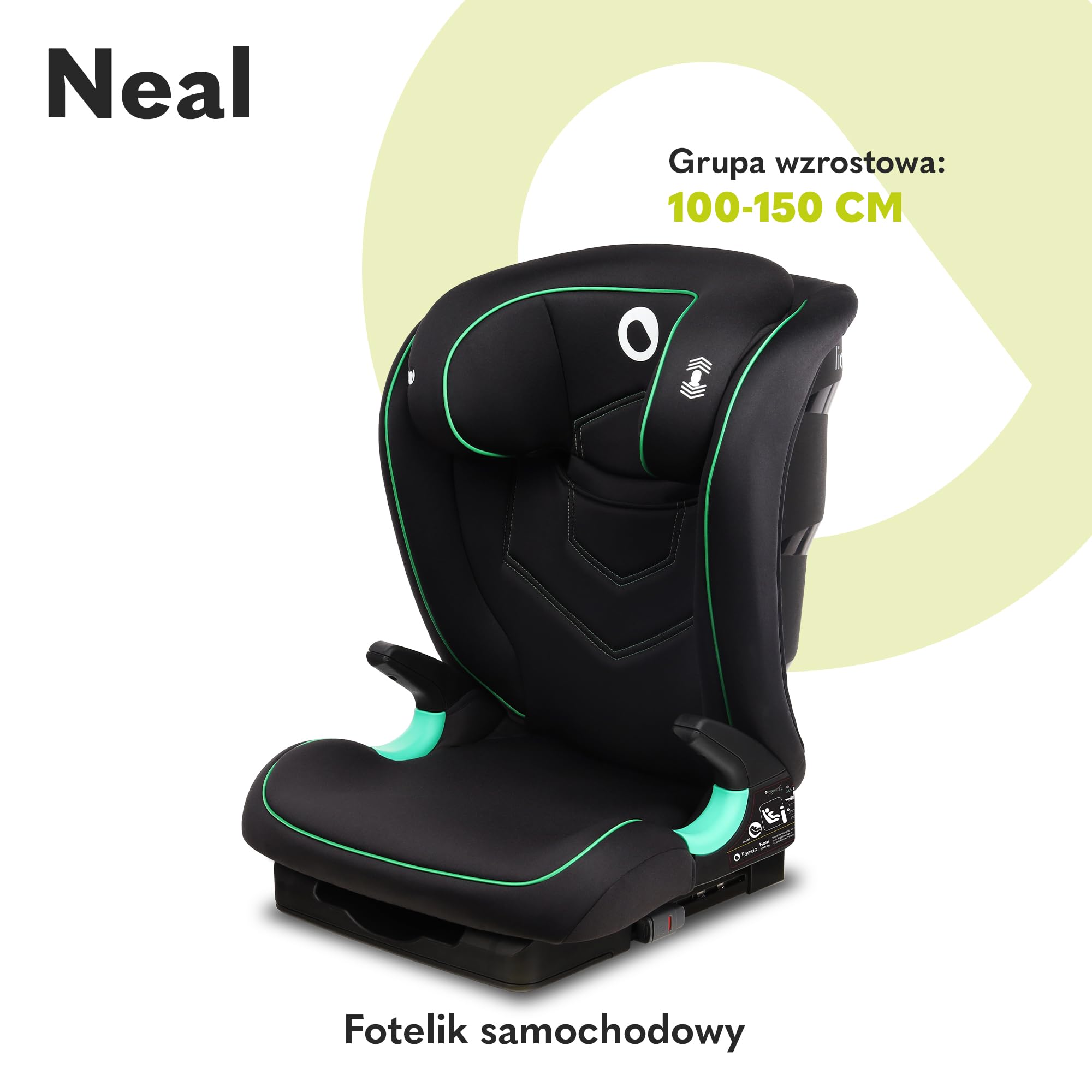 LIONELO Neal fotelik samochodowy do 36kg, zabezpieczenia boczne, Homologacja i-Size, modny design, system montażu ISOFIX, 4-12 rok życia, regulowana wysokość zagłówka, Karta Dziecka (Czarny) | i-Size, 3-stopniowa regulacja oparcia, zagłówek z regulacją wy