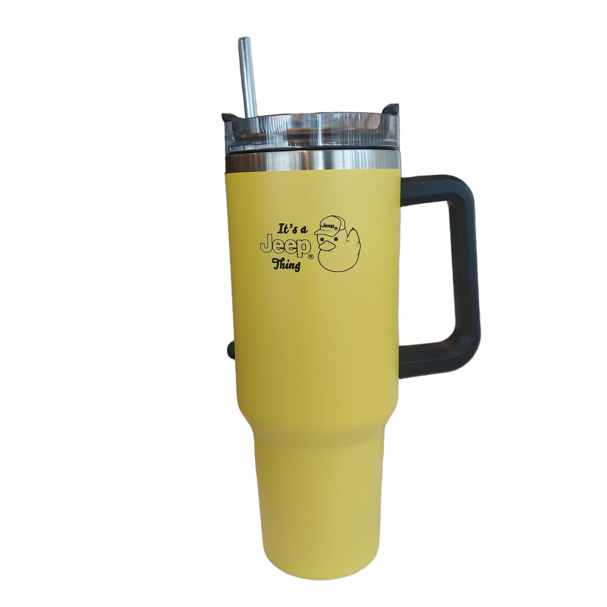 Duck Logo 40 oz Insulated Travel Mug Tumbler with Handle | Double Wall Vacuum Sealed Stainless Steel Cup w/Straw and Lid (Yellow)