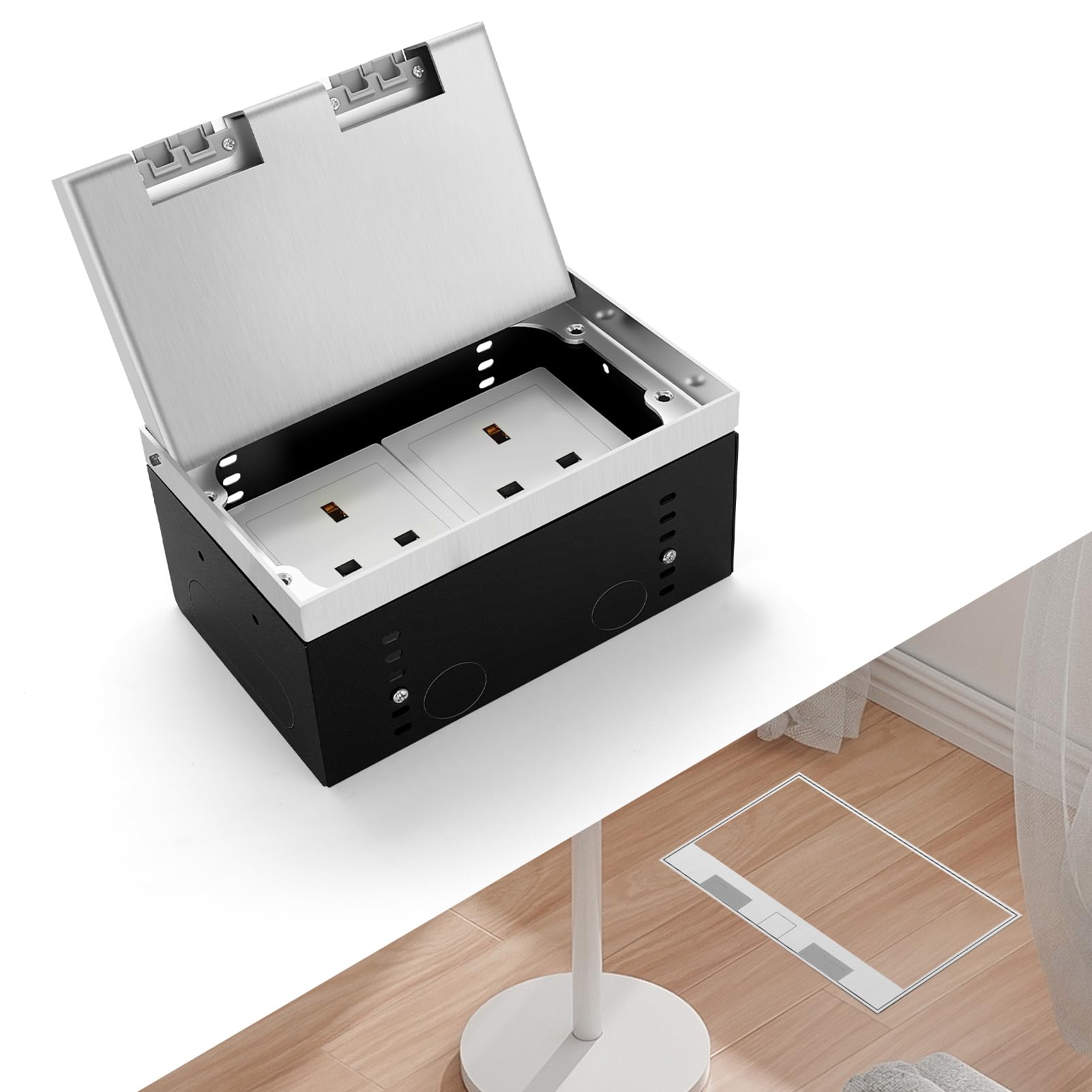 Recessed Floor Socket Box Kit, Hidden 2 x 13A Electrical Outlets with Waterproof & Scratch-Resistant Cover, Pop-Up Recessed Power Socket for Kitchen, Office Floor & Conference Tables (Pure Silver)
