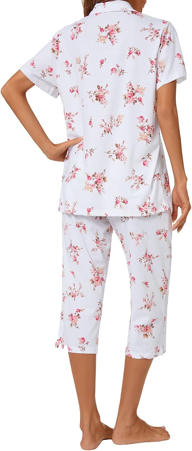 Tugege Capri Pajamas Set Womens Button Down Short Sleeve Lounge Sets Sleepwear Notch Collar Top & Capri 2 Piece PJ Sets - Image 4