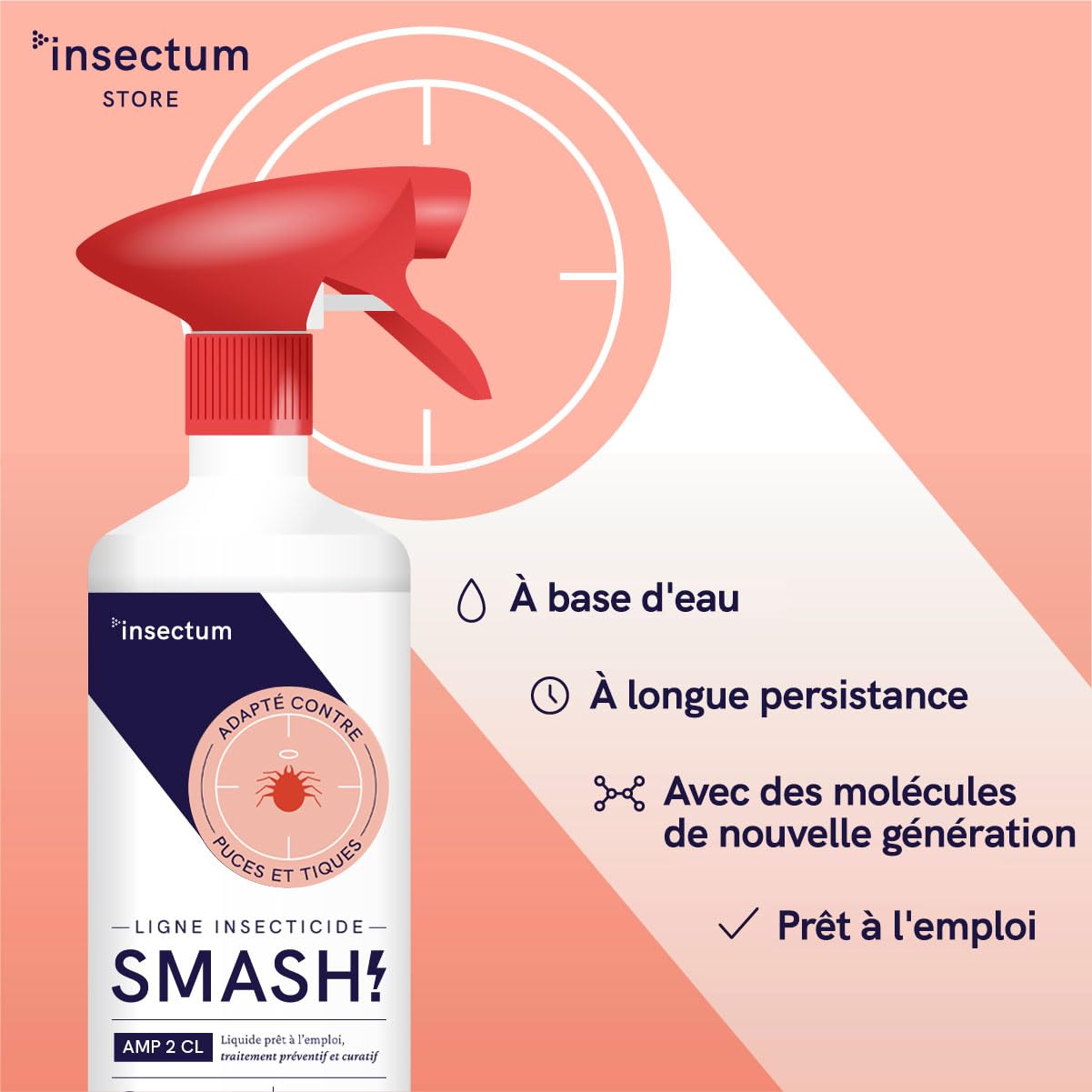 SMASH Spray Anti-Puces et Anti-Tiques pour Environnements et Tissus AMP 2 CL - Pour Utilisation à Domicile et en Extérieur - 2x500ml - Insecticide Sans Perméthrine
