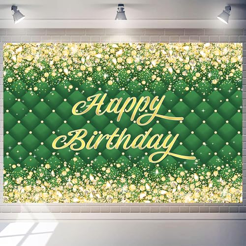 Image of Birthday Decorations Backdrop 8 x 6 ft Green Golden Happy Birthday Banner Large Birthday Party Background for Men Women Kids Photo Shoot Supplies (Green-Birthday, 8 * 6 ft)