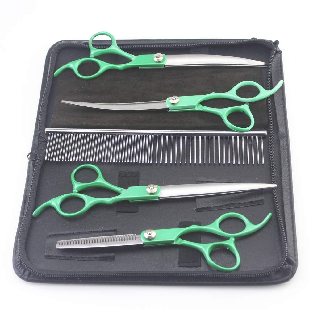 WYGC Forbici Professionali per Cani Gatti Set Thinning,Straight,Curved Shears con Pettine per Grooming Deshedding per Cani e Gatti Verde