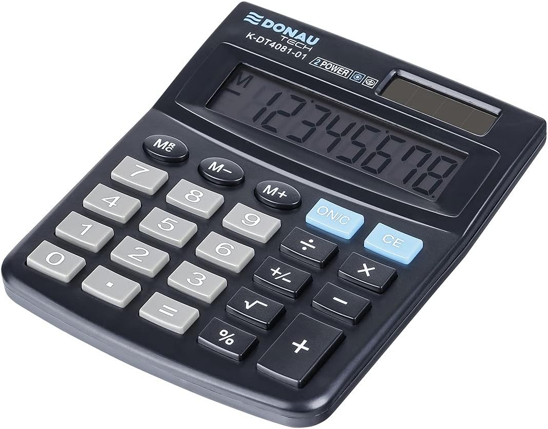DONAU Tech K-DT4081-01 8-Digit Calculator Root Function 134 x 104 x 17 mm Black with 8-Digit Display Dual Power Solar Battery Operated Compact Design