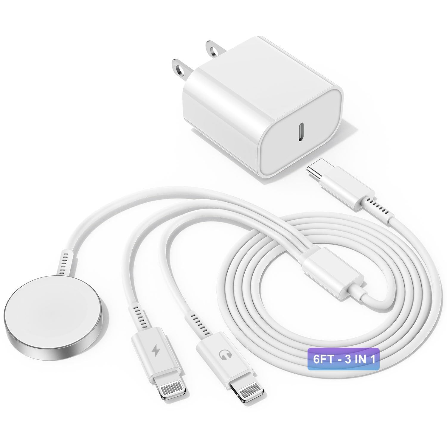 Upgraded USB C Charger for Apple Watch, 3 in 1 iPhone and iWatch Magnetic Fast Charging Cable 6FT with USB-C Wall Charger, for Apple Watch Series 8/7/6/SE/5/4, iPhone 14/13/12/11 & Airpods - White