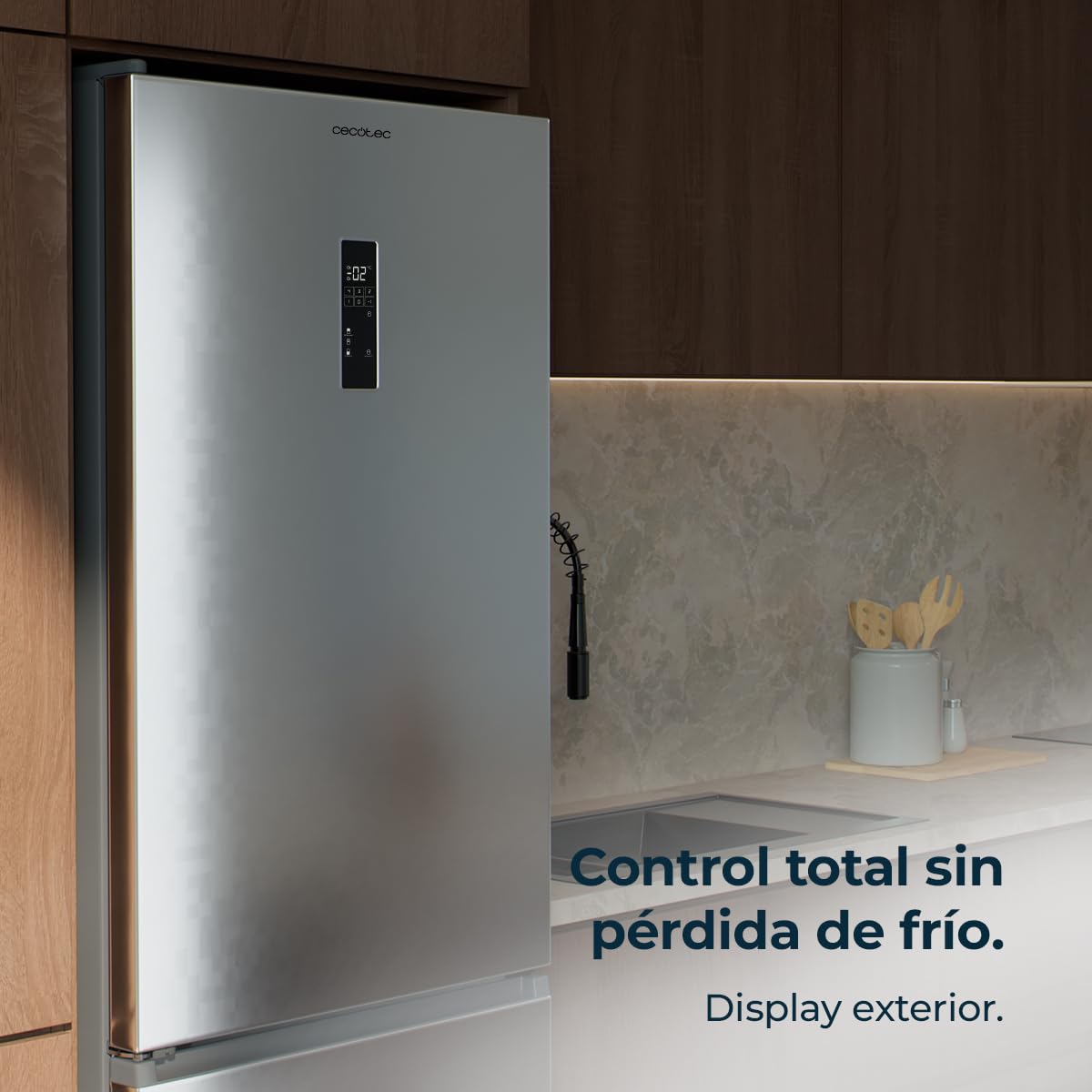 Cecotec Frigorífico Combi 409L Total No Frost Bolero CoolMarket Combi 409 Inox C. Altura 185cm, MAX INSIDE con VIP Tech, Compresor Inverter Plus, Bajo Consumo, Cajón Temperatura Variable, Inox