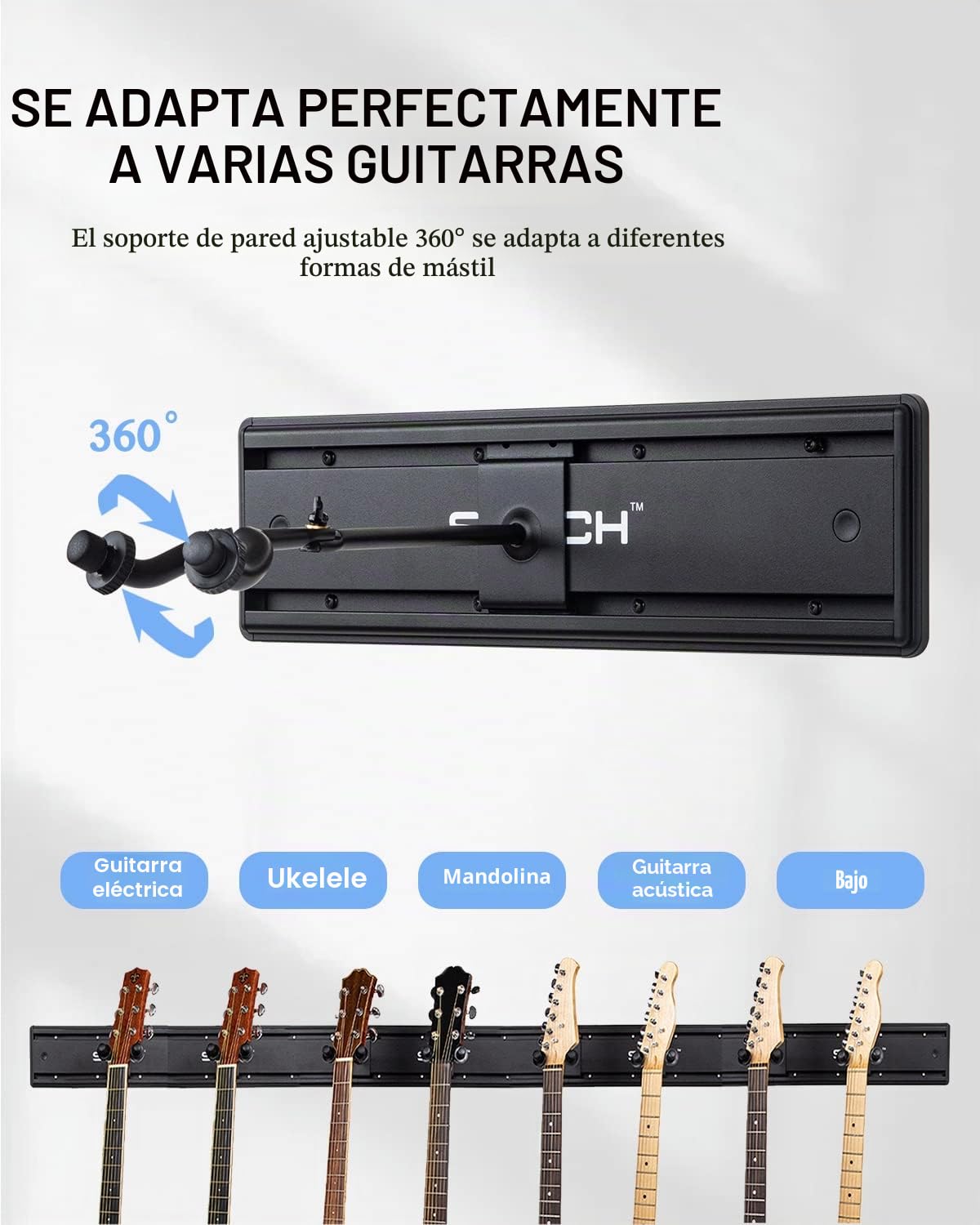 STRICH SMH-08A - Perchas de montaje en pared para múltiples guitarras, 80.5 pulgadas de ancho con capacidad para 8 guitarras, soporte de aluminio fuerte para guitarras, soporte para bajo, juego de