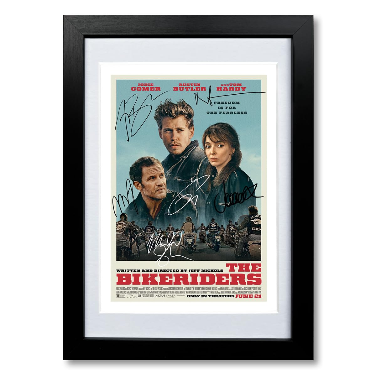 Mounted Gifts Trading A4 Framed & Mounted The Bikeriders Cast Signed Autograph Poster Photo Print Framed Memorabilia Gift Movie Film 2024 Jodie Comer Austin Butler Tom Hardy (A4 Framed & Mounted)