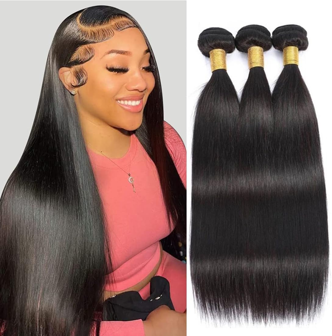 MsSunlight 12A Human Hair Bundles Straight Human Hair Bundles Weave Extensions Unprocessed Virgin Brazilian Hair Bundles Weft 3 Bundles Natural Color (Natural Black, 16 16 16 Inch)