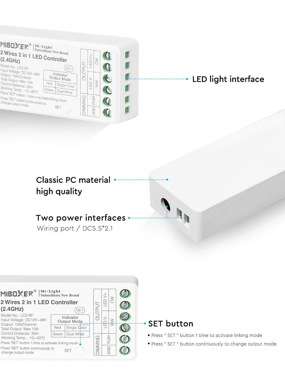 LGIDTECH LC2-RF Miboxer 2 cables 2 en 1 controlador LED RF 2.4 GHz,utilizado para un solo color y COB 2 cables CCT doble color blanco luz de tira LED,Control de APP a través de pasarelas (excluyendo)