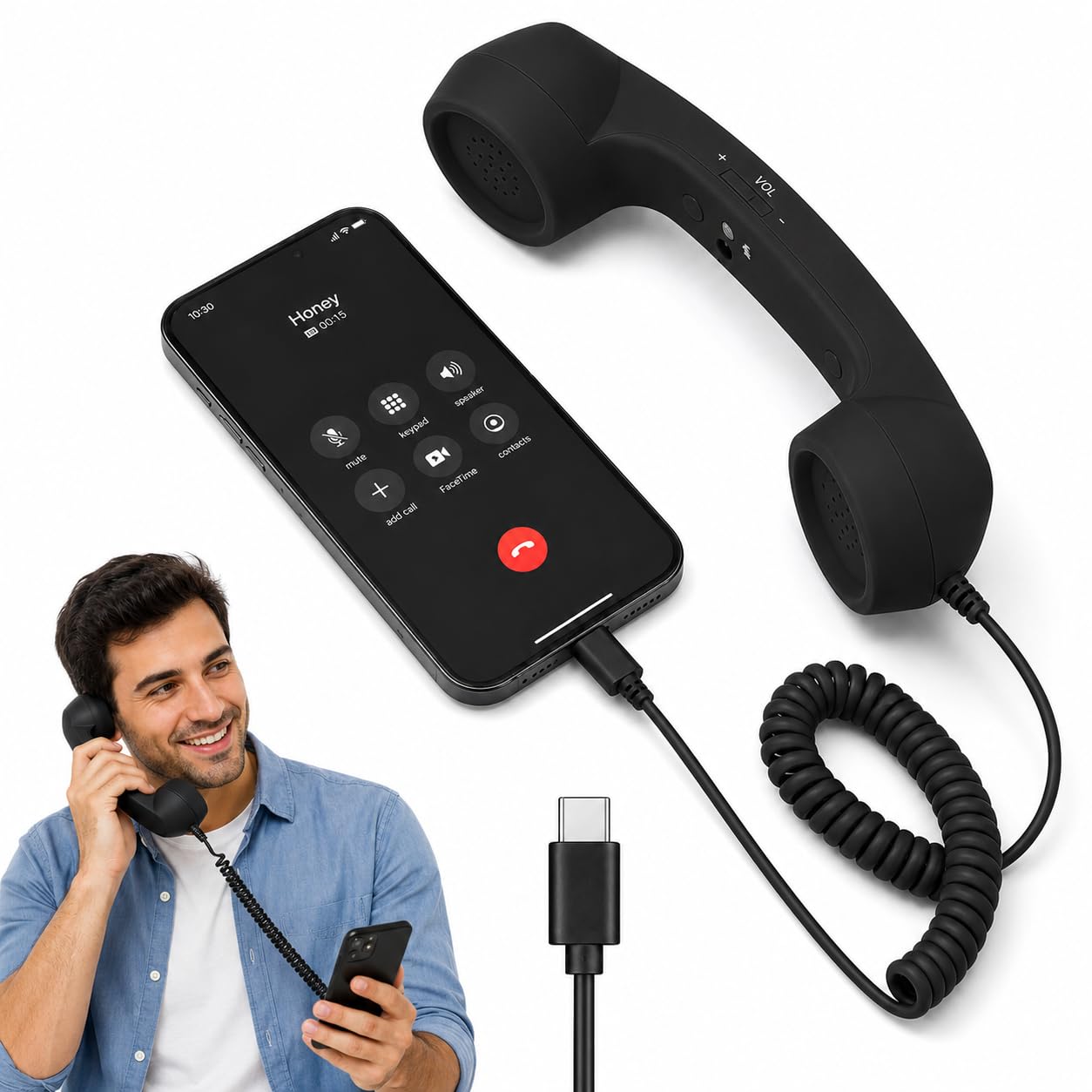 Street27 Retro Phone Handset Compatible with Type-C Smartphones, Tablets & Computers, Corded Telephone Receiver with Noise Reduction, Volume Control & Answer Button for Calls and Meetings (Black)-picture-28