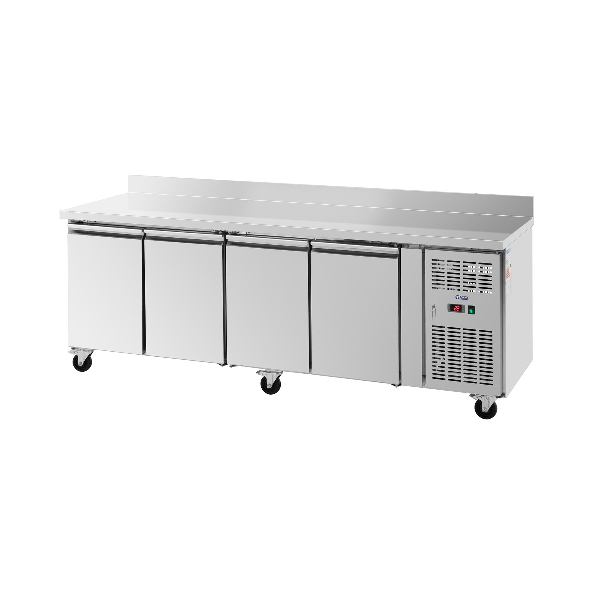 Royal Catering Mesa Refrigerada con Ruedas Volumen de 550 L 4 Compartimentos 223 x 70 cm - Clase B Antisalpique Acero Inoxidable Bajomostrador refrigerado Mostrador con refrigeración para hostelería