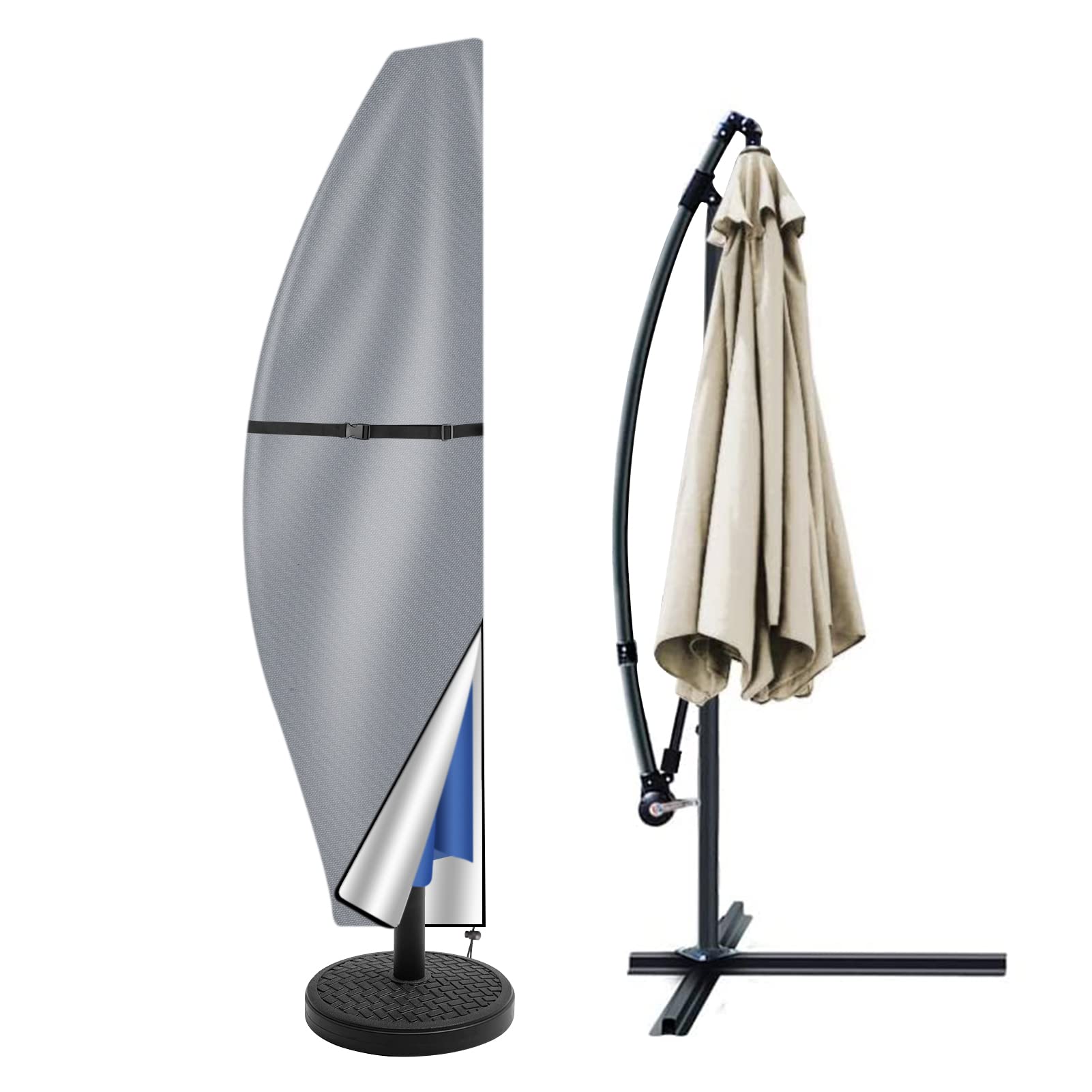 Teynewer Parasol Cover Waterproof, Cantilever / Straight Parasol Protective Covers with Telescopic Pole and Zipper Fit for 2 to 4 m Large Umbrella Patio Parasol UV-Anti Windproof, Grey