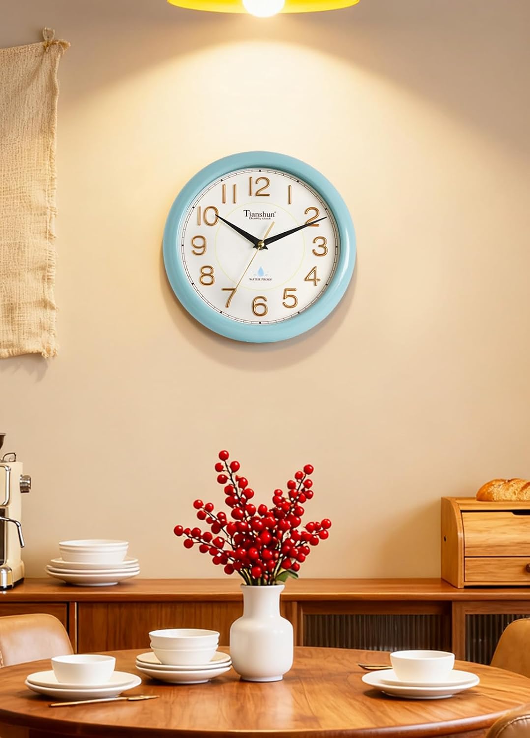 Wall Clock Silent Non-Ticking Battery Operated Small 10 Inch 3D Gold Numbers Easy to Read Hang or Stand for Bathroom Kitchen Bedroom Desk (Mint Blue)