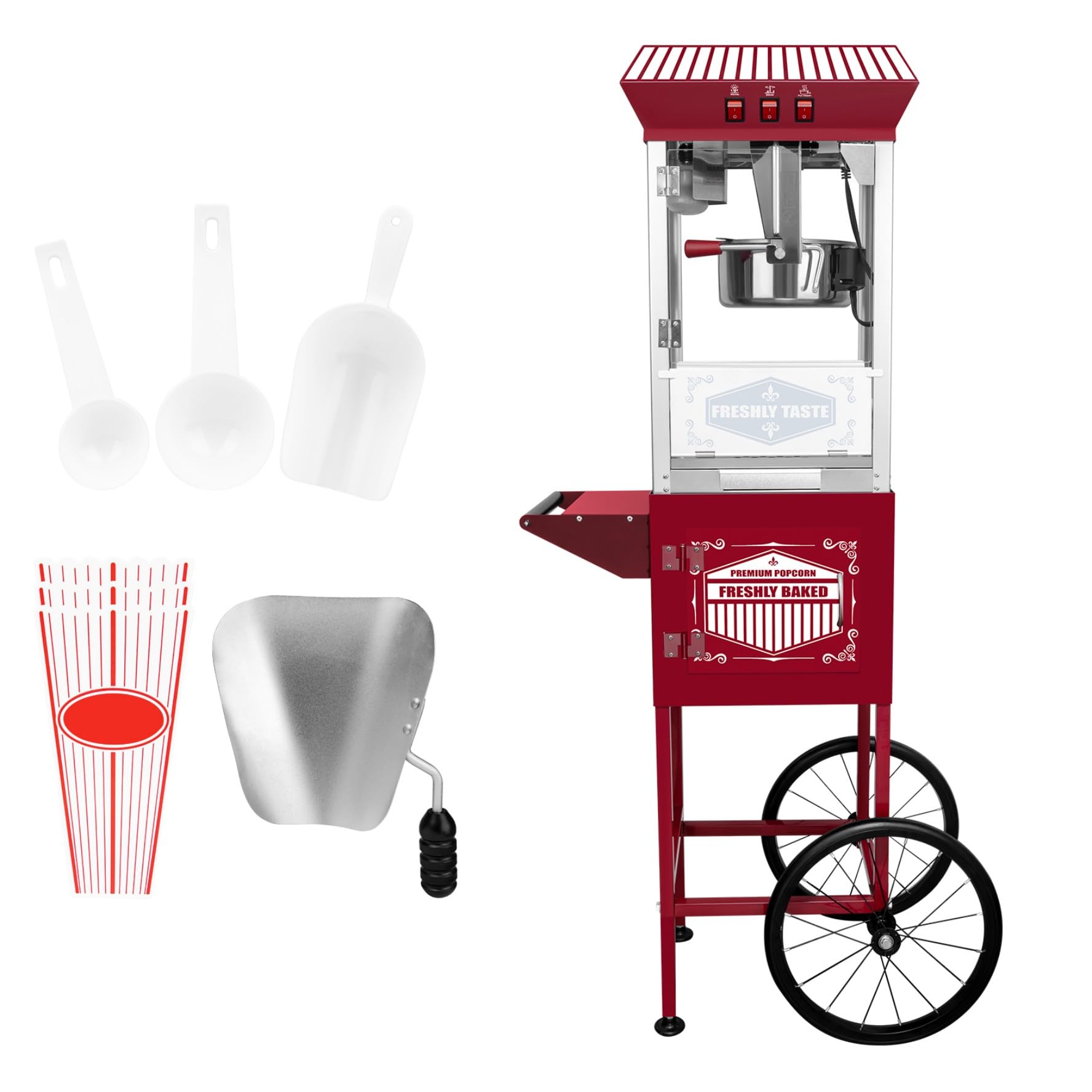 Movie Theater-Style Popcorn Machine Maker with Cart and 12-Ounce Kettle - Red, Vintage-Style Popper on Wheels -LT Red