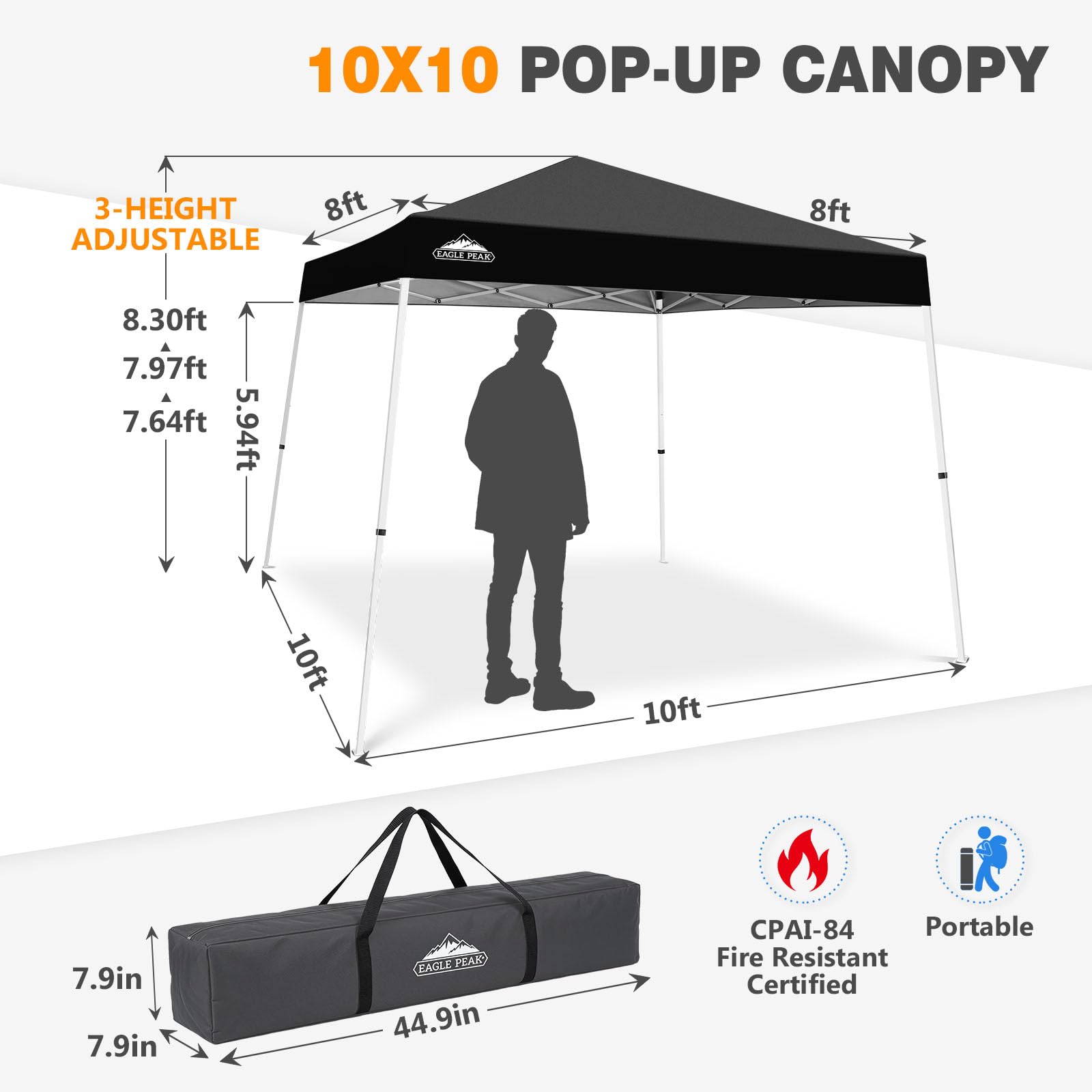 EAGLE PEAK Tienda de campaña desplegable con Patas inclinadas de 3 m x 3 m, toldo instantáneo para Exteriores, fácil instalación, Refugio Plegable, Color Negro