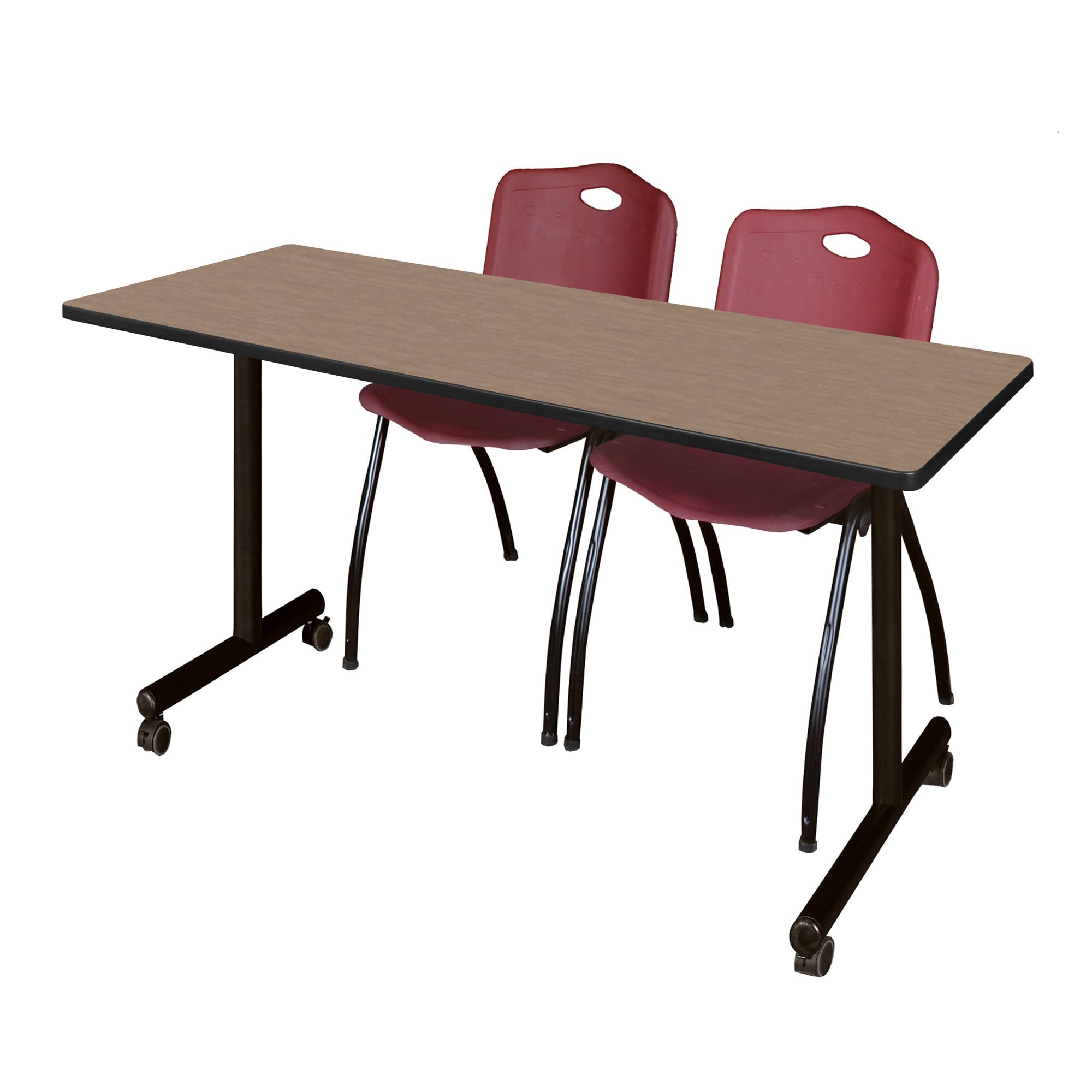 Romig Axis-Pro 66 x 24 in. Mobile T-Base Training Table- Noble Oak, 2 M Stack Chairs- Burgundy