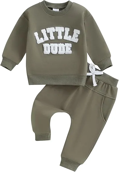 fhutpw Fall Baby Boy Clothes Toddler Embroidery Little Dude Print Long Sleeve Sweatshirt Tops Solid Pants Winter Outfits