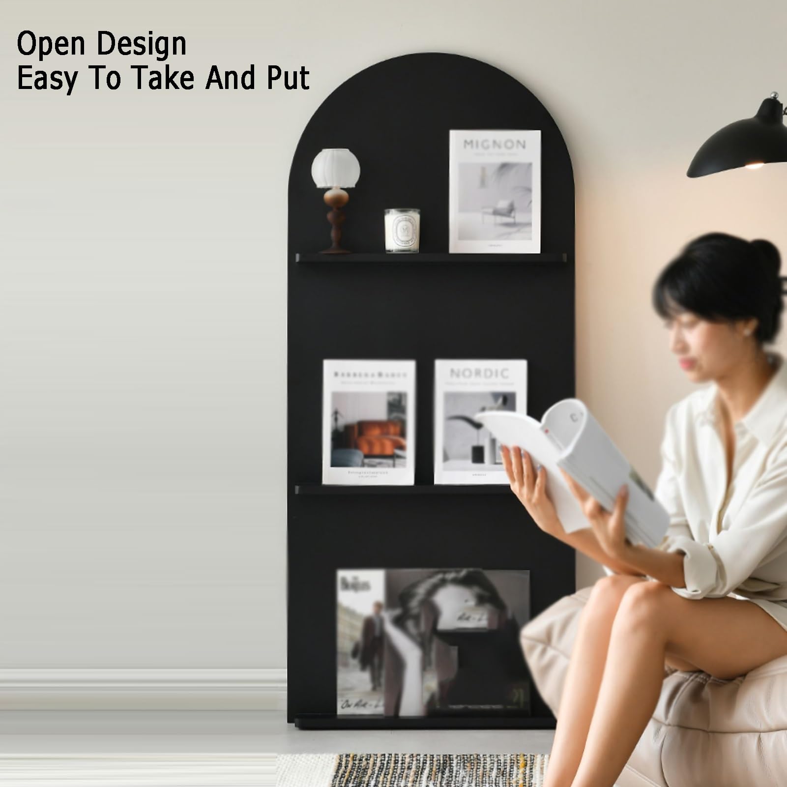 Gewölbter Zeitschriftenständer, Bodenstehender Prospekthalter, Zeitungsregal Aus Massivem Holz, For Einzelhandelsgeschäfte, Wohnzimmer, Büros(Black,60 X 140cm)