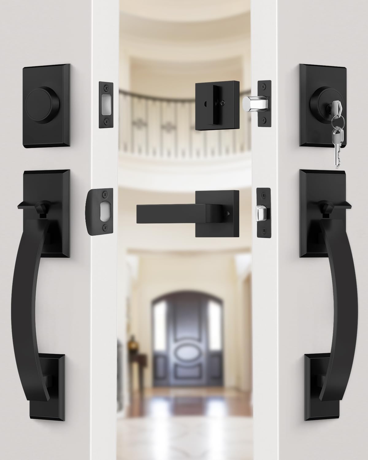 Goldenwarm Double Front Door Lock Set, Matte Black Double Door Handle with Dummy, Double Front Door Hardware Set with Reversible Handle Lever