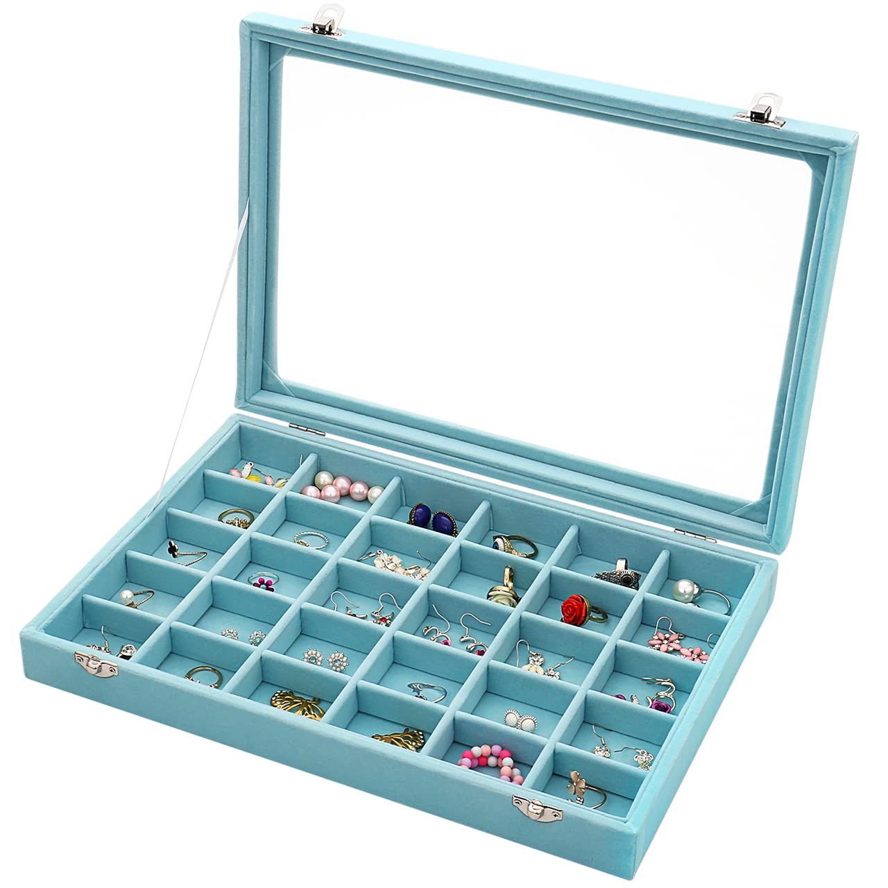 LANTWOO Velvet Clear Lid 30 Grid Jelwery Box Rings Earrings Necklaces Bracelets Organizer Storage Holder Jewelry Display Case (Light Blue)