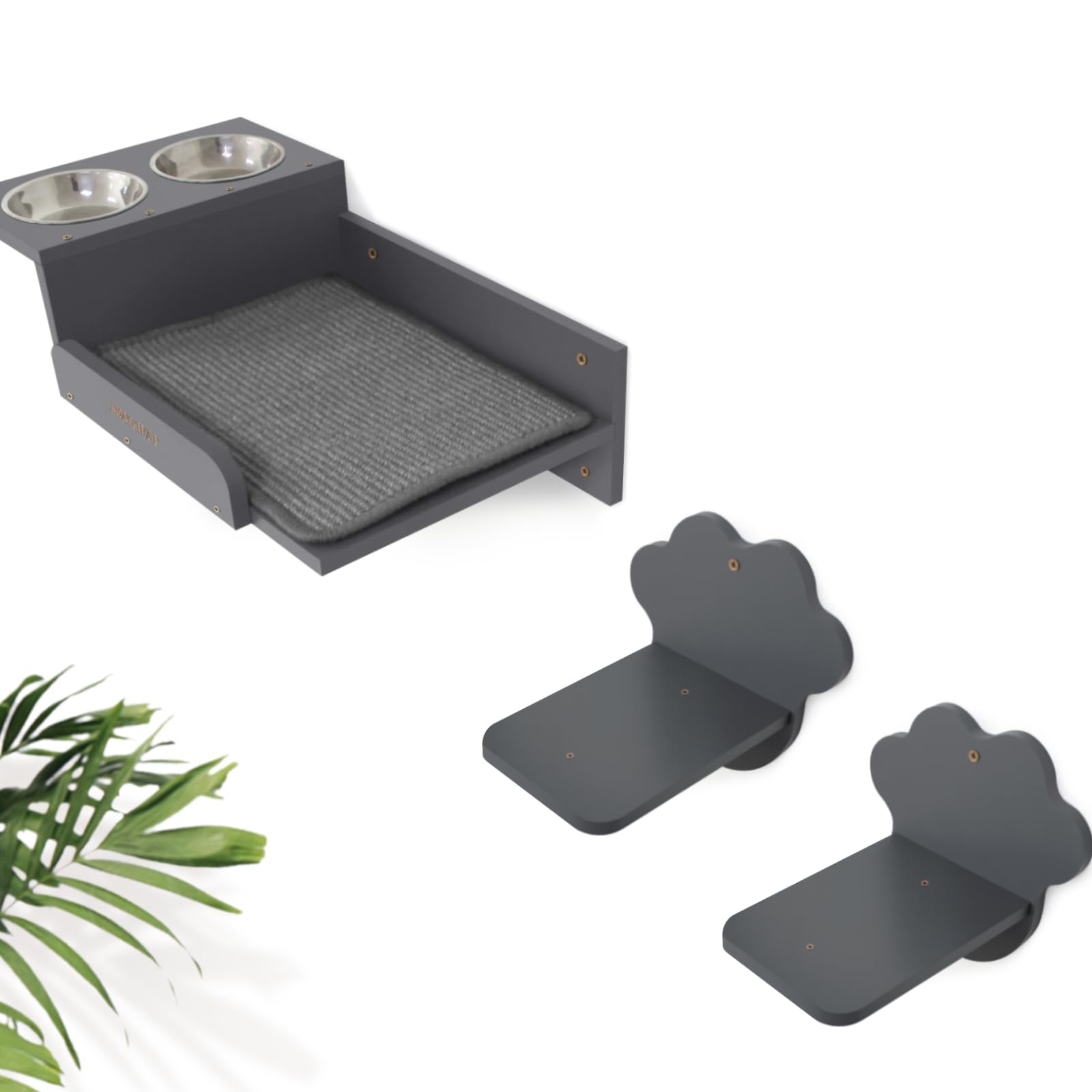 SONGWAY Cat Wall Shelves and Feeder - Cat Shelves and Perches with 2 Steps and 2 Stainless Steel Bowl, Dog Proof Cats Elevated Feeding Station, Cats Wall Furniture for Climbing Sleeping Eating