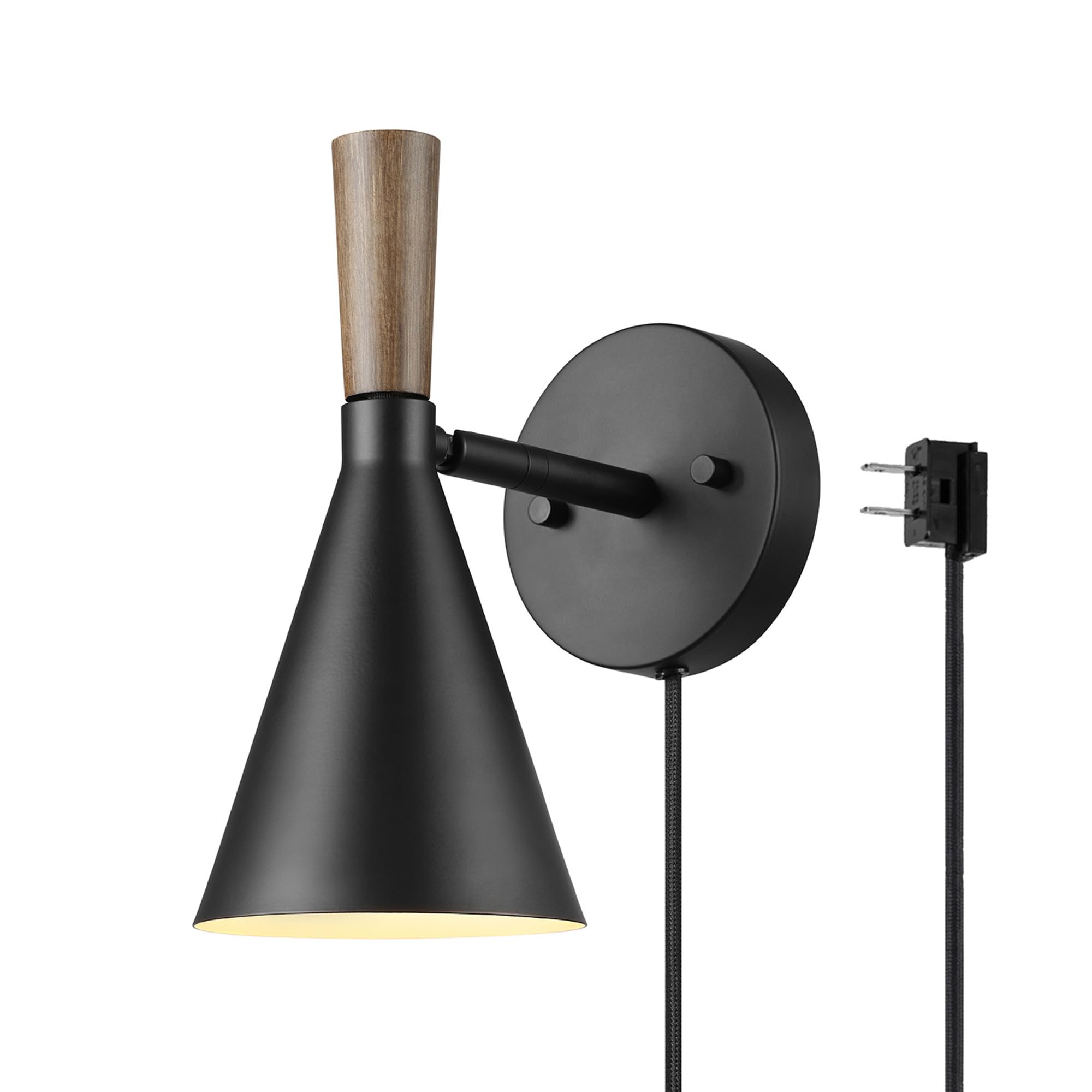 GLOBE Electric 65000101 Plug-in or Hardwire Wall Sconce, Matte Black Finish, Wood-Toned Switch, Metal Shade, 6-Foot Cord, E26 Base, Easy Installation