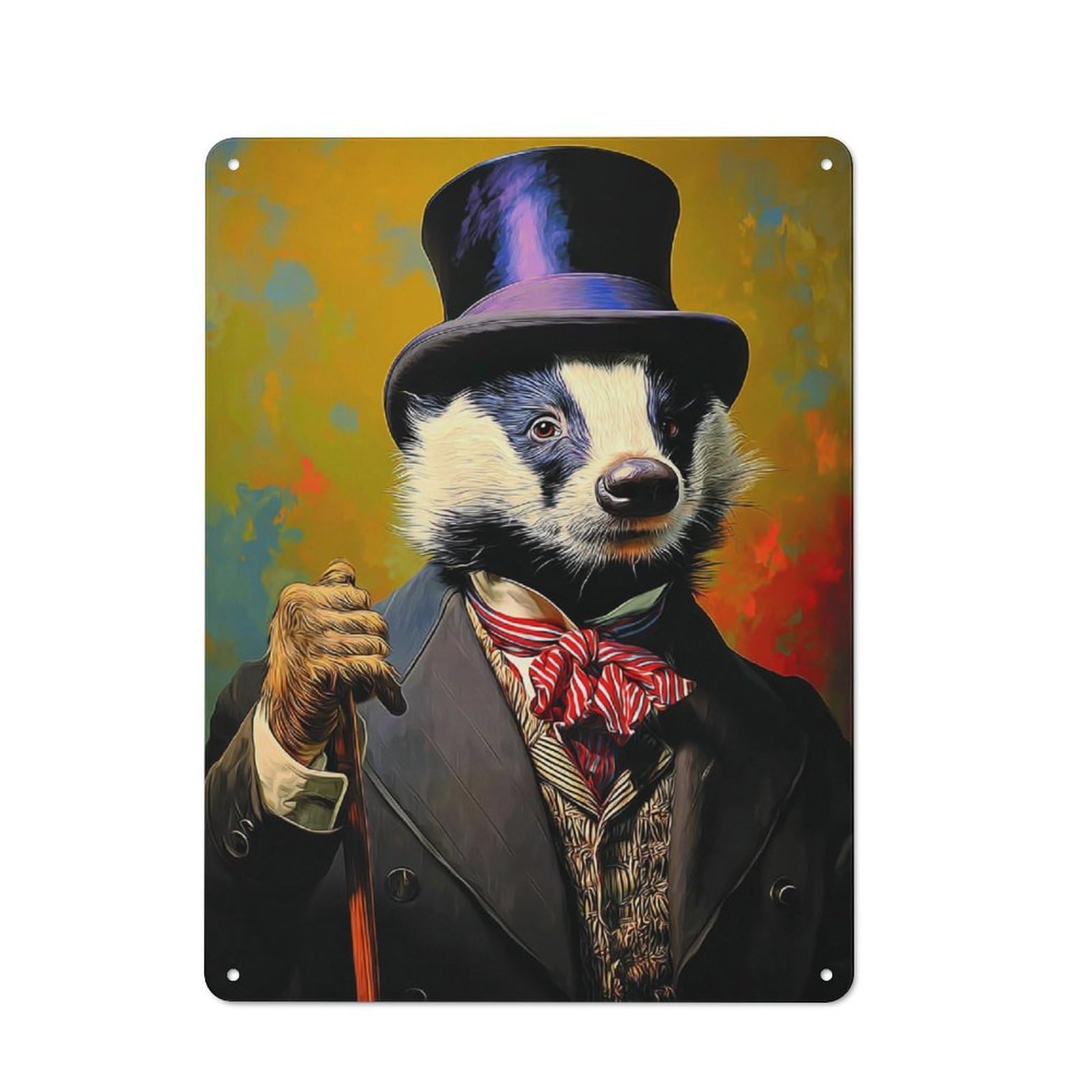 Junmoney Badger In Top Hat A Dapper Portrait -2 Retro Metal Sign With Design 40X30cm, Distressed Look Retro Room Decor For Living Room, Hallway, Kitchen Or Cafe