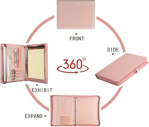 Miniatura 5 de Nombre grabado gratis, Padfolio de piel sintética 3 anillos, regalo corporativo, cartera de negocios con almohadilla de escritura A4, rosa,