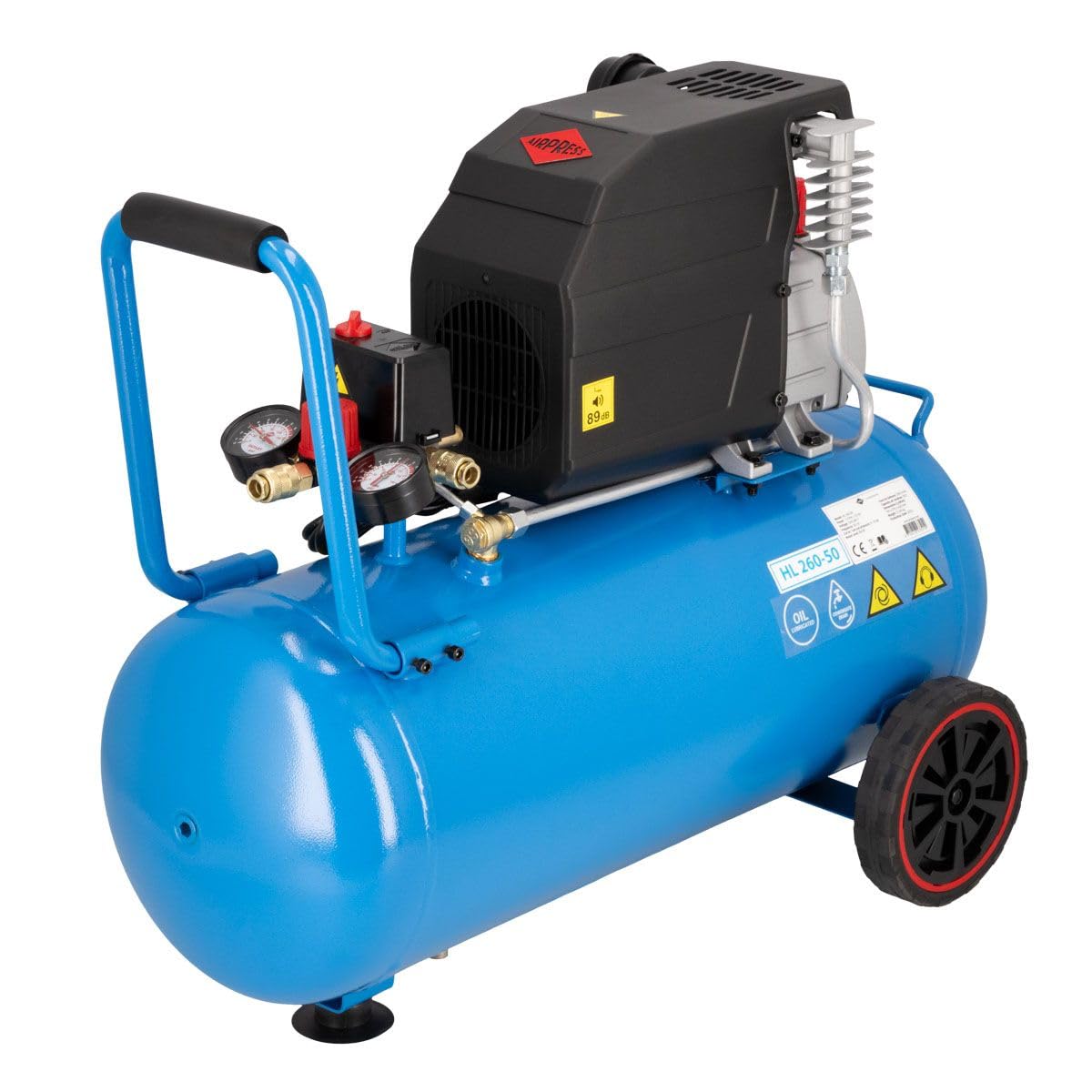 AIRPRESS - Compresor HL 260-50 8 bar 2 CV/1.5 kW 206 l/min 50 l - Compresor aire con ruedas - Compresor de aire de 50 litros uso doméstico o profesional