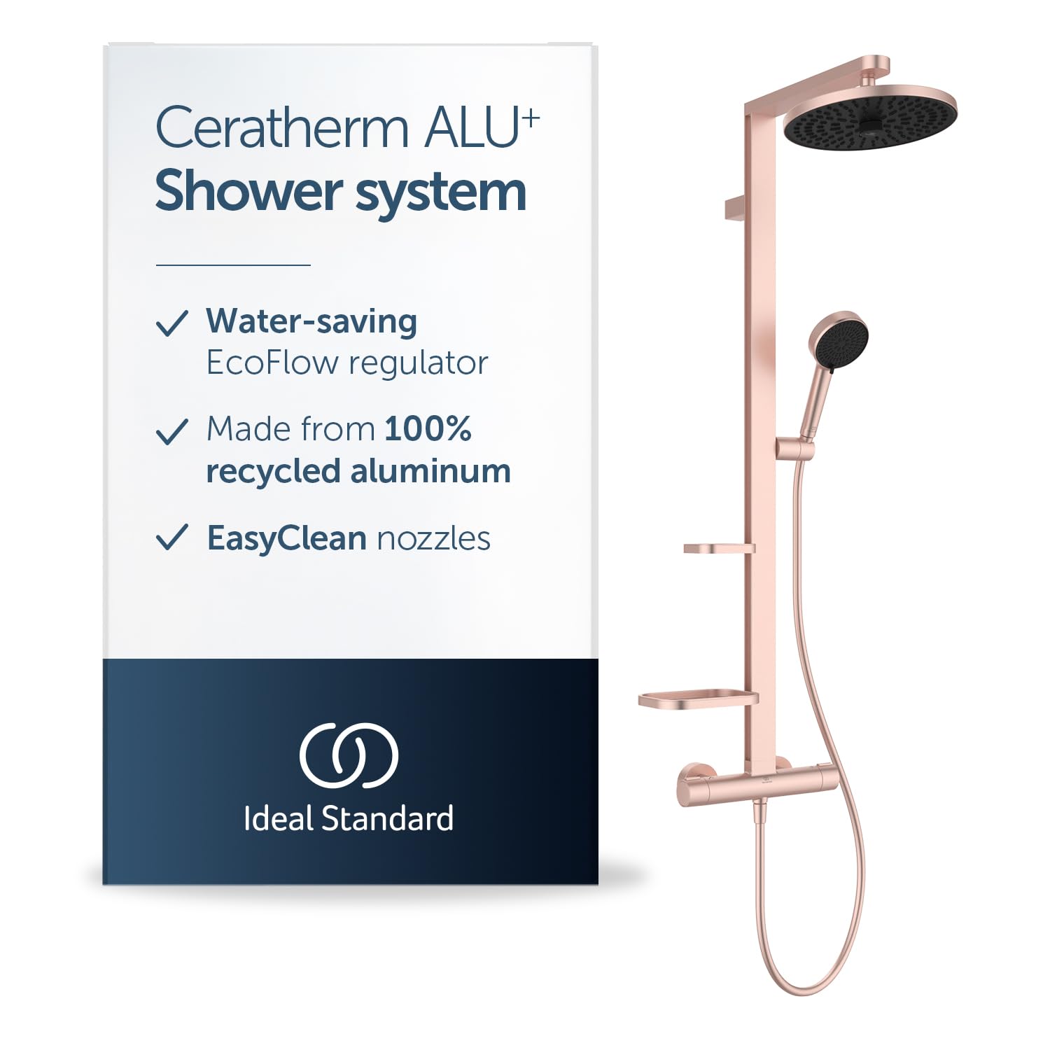 Ideal Standard Ceratherm Alu+ Exposed Shower System, Multiple Showering Functions, Thermostatic Function, Water & Energy Savings, Core Elements from Aluminum – Rosé (356x501x1113 mm)