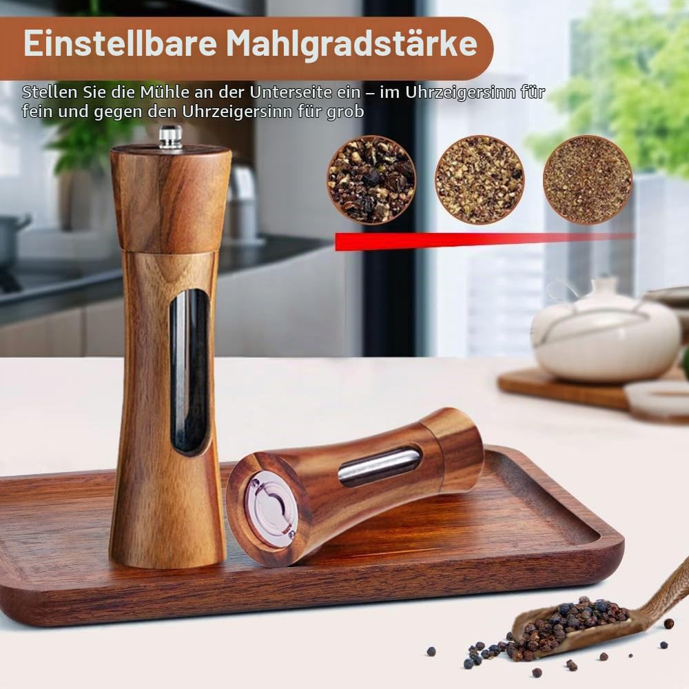 Pfeffermühle Holz Salz und Pfeffer mühle 2er Set mit Untersetzer Manuell Gewürzmühle verstellbarem Keramikmahlwerk Salzmühle für Pfeffer Salz Gewürze Höhe 20 cm