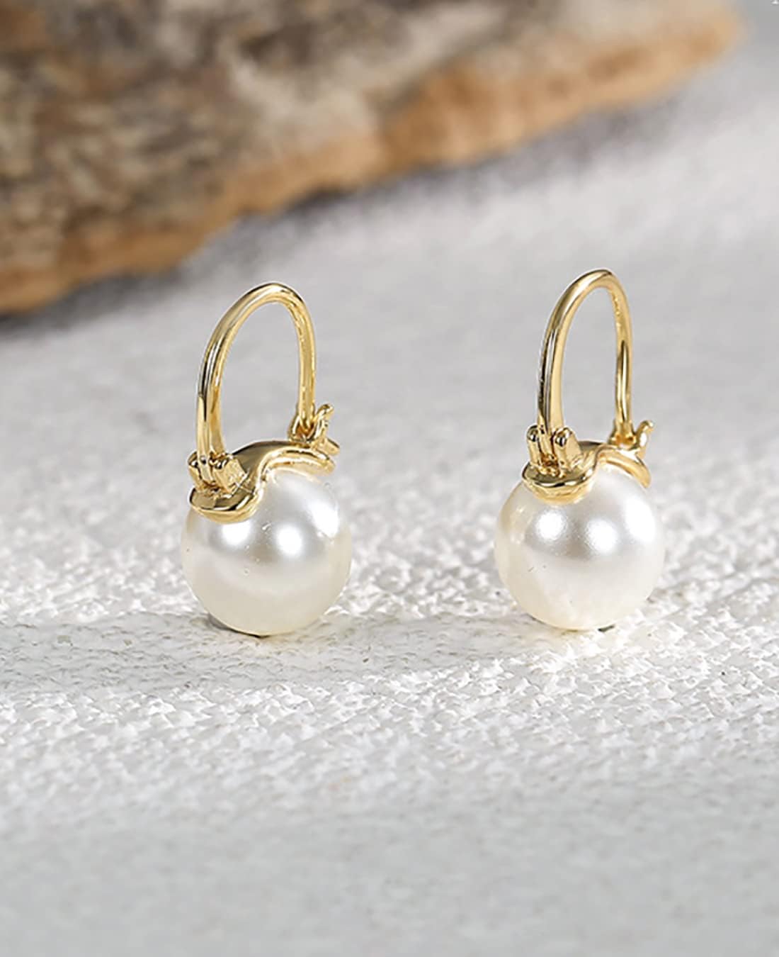 14K Gold/White Gold Plated Minimalist Pearl Hoop Earrings,Huggies Dangle Earrings Jewelry